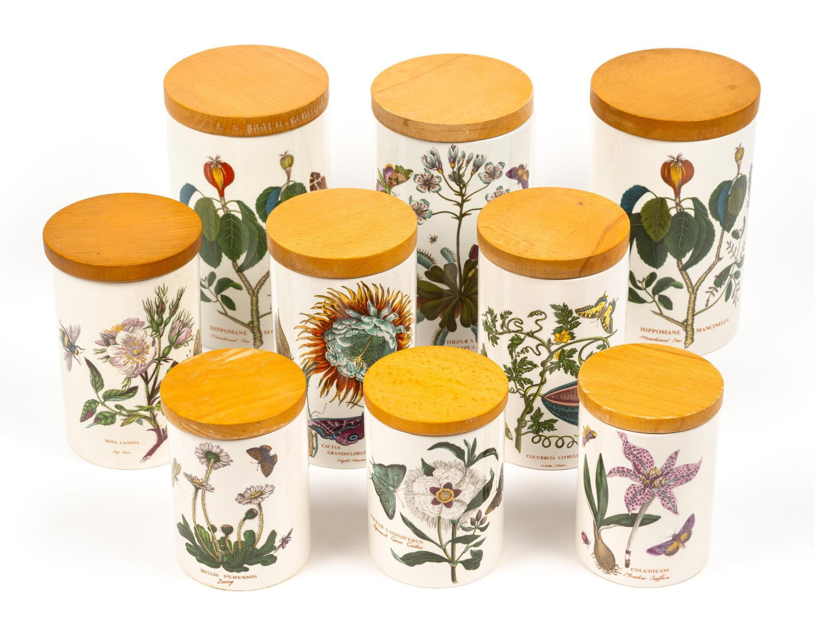 Portmeirion "The Botanical Garden" Canister Set: 9 canisters, 3 of each size. Overall good condition, with some wear and tear associated with age. From 5-1/4" to 8-1/4" tall and 3-3/4" to 5" in diameter.