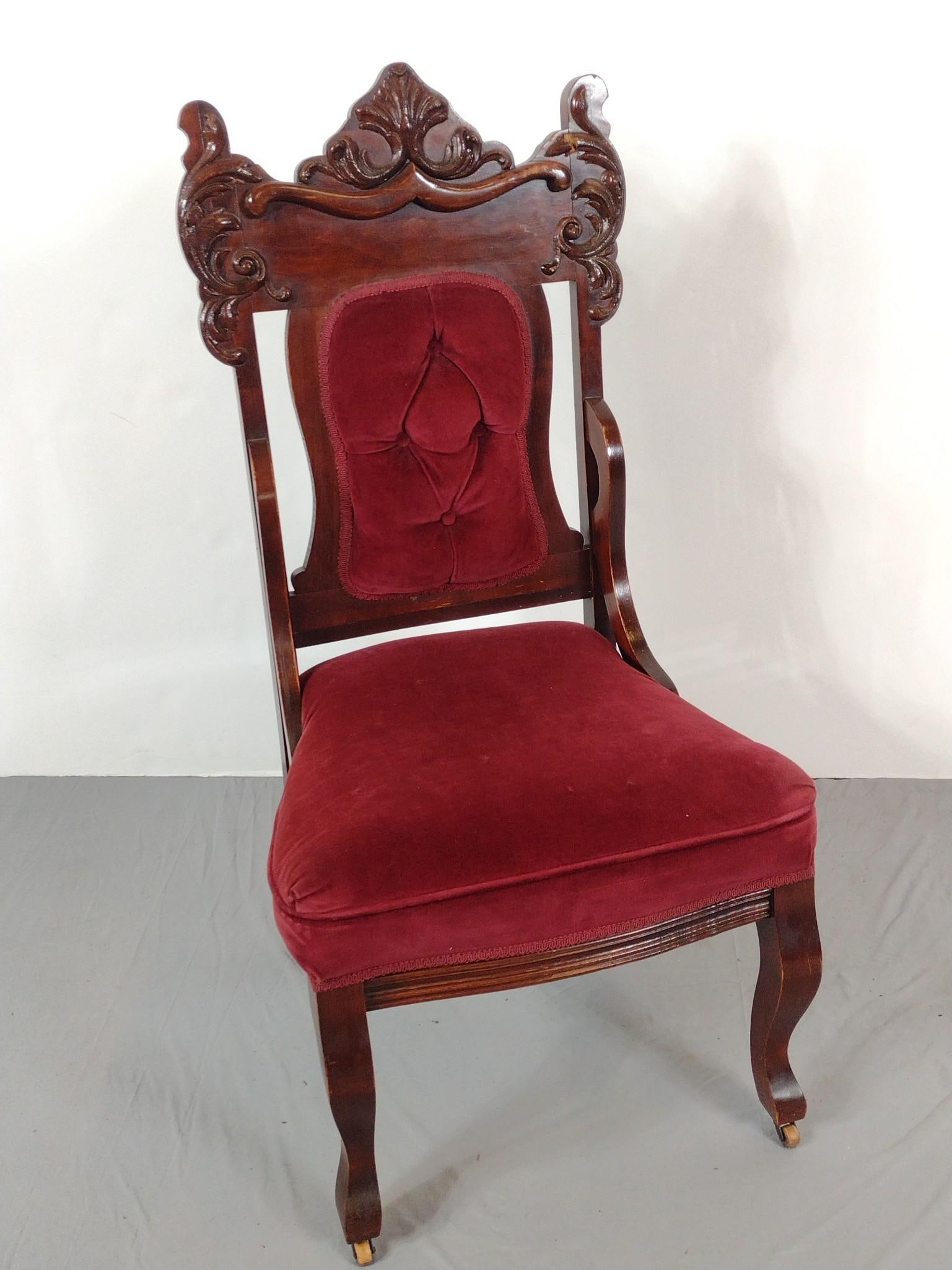 Victorian Side Chair: NOT ELIGIBLE FOR IN-HOUSE SHIPPING: See Terms for Shipping Options. 19-1/2" wide X 20" deep X 40-1/2" high. Trim on backrest has losses.