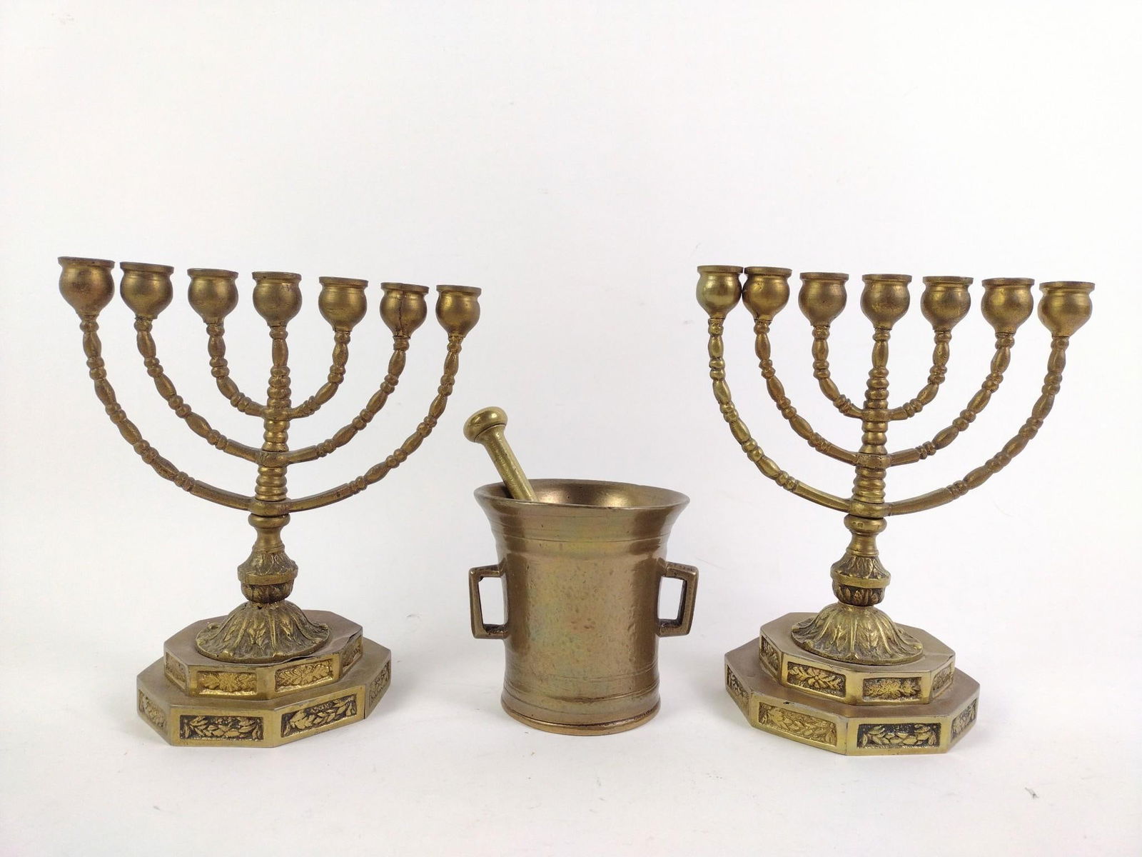 2 Brass Candle Stick Holders and Brass Mortar and Pestle (1 of 5)