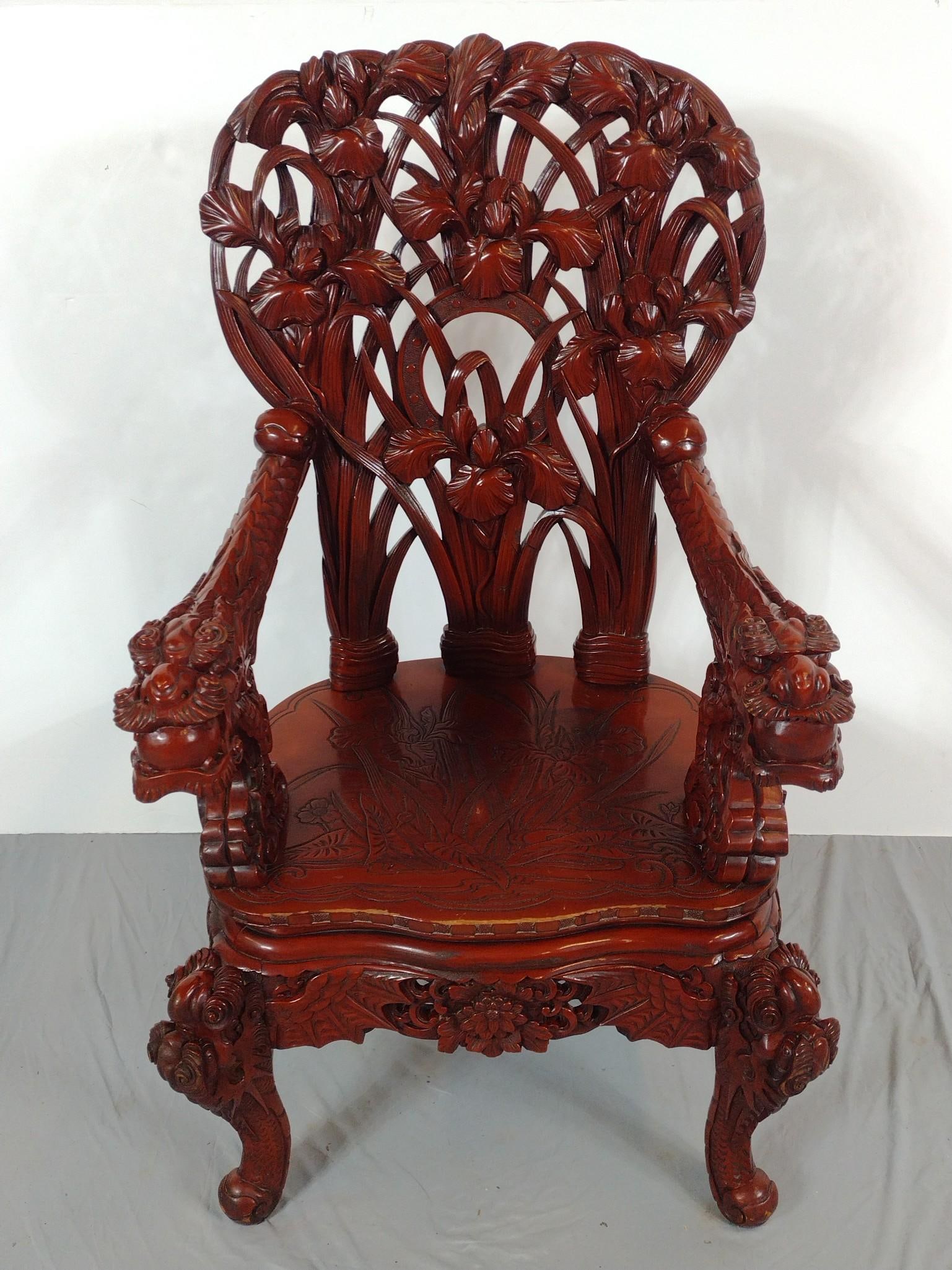 Chinese Export Dragon Carved Great Chair: NOT ELIGIBLE FOR IN-HOUSE SHIPPING: Probably early 20th century. Foliate back, dragon head arms, cabriole legs. Appears to possibly have been refinished. See Terms for Shipping Options. 25" wide X 27"