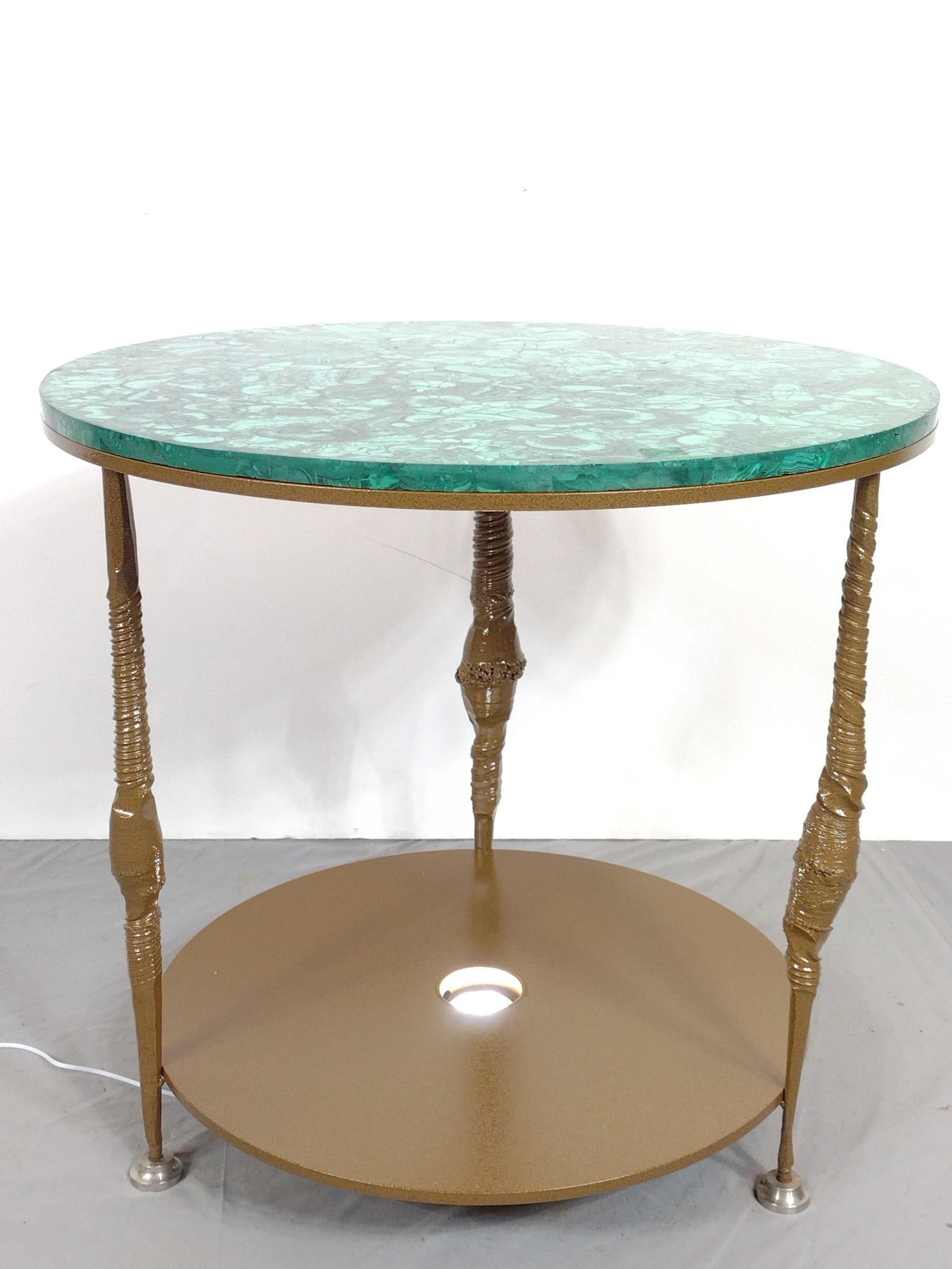 Marble Top w/ Inlaid Malachite Steel Table By James Cavagnaro: NOT ELIGIBLE FOR IN-HOUSE SHIPPING: See Terms for Shipping Options. 24" diameter X 22" high. ARTIST STATEMENT: James Emmanuel Cavagnaro, G.G., is a lifelong artist whose six-decade journey spans jewel