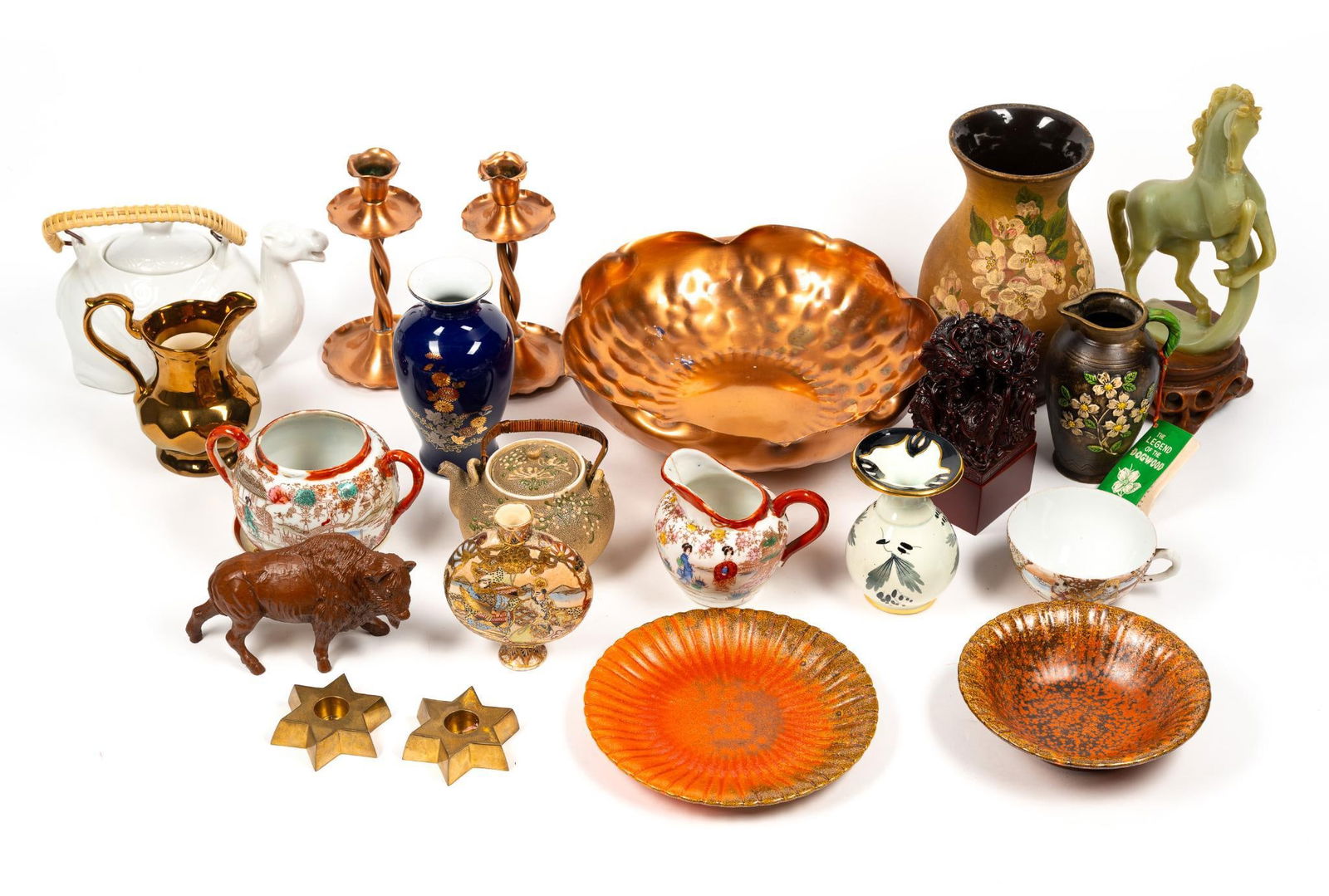 21 Pcs Decorative incl Asian and Copper: Includes lustreware, teapots, candlesticks, vases, and more. 2" to 5-1/4" wide x 3" to 9-1/2" high.