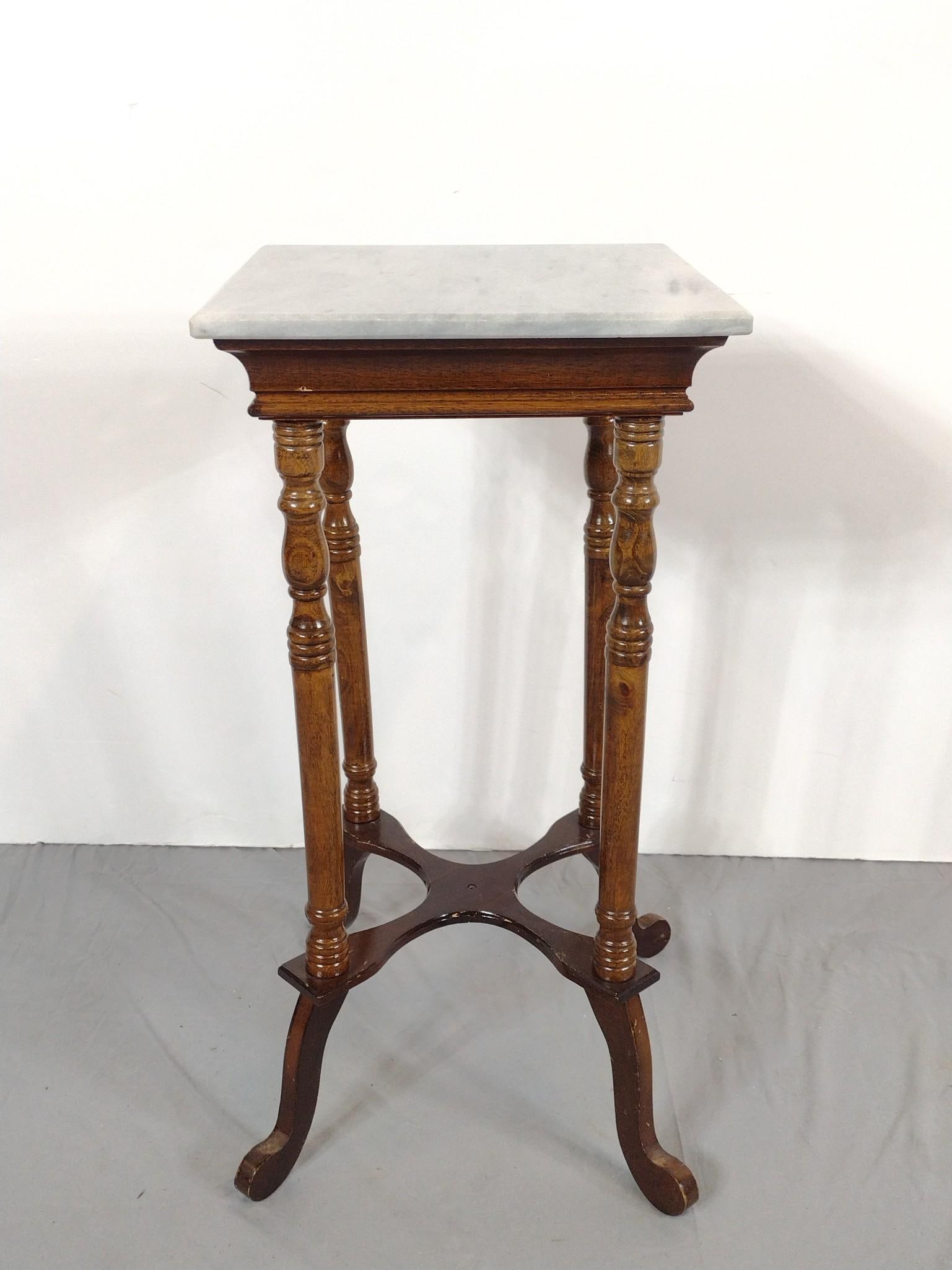 Victorian Marble Top Stand: NOT ELIGIBLE FOR IN-HOUSE SHIPPING: See Terms for Shipping Options. 14-1/2" wide X 14-1/2" deep X 29" high. Has some scratches. No manufactures name found.