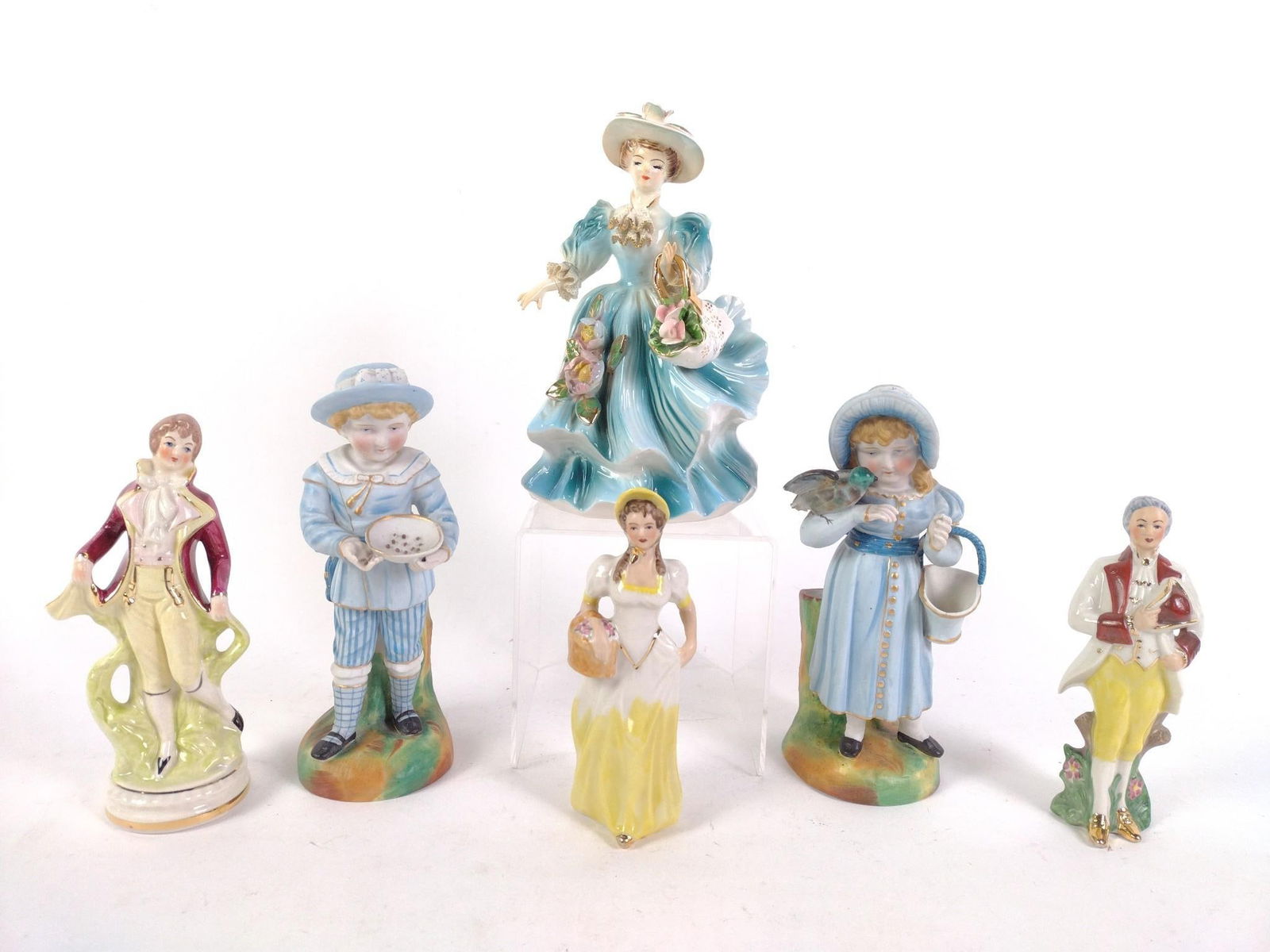 6 Porcelain Figurines: Includes pair of boy and girl bisque porcelain toothpick holders. 2-1/4" to 5" wide x 5-3/4" to 8" high.