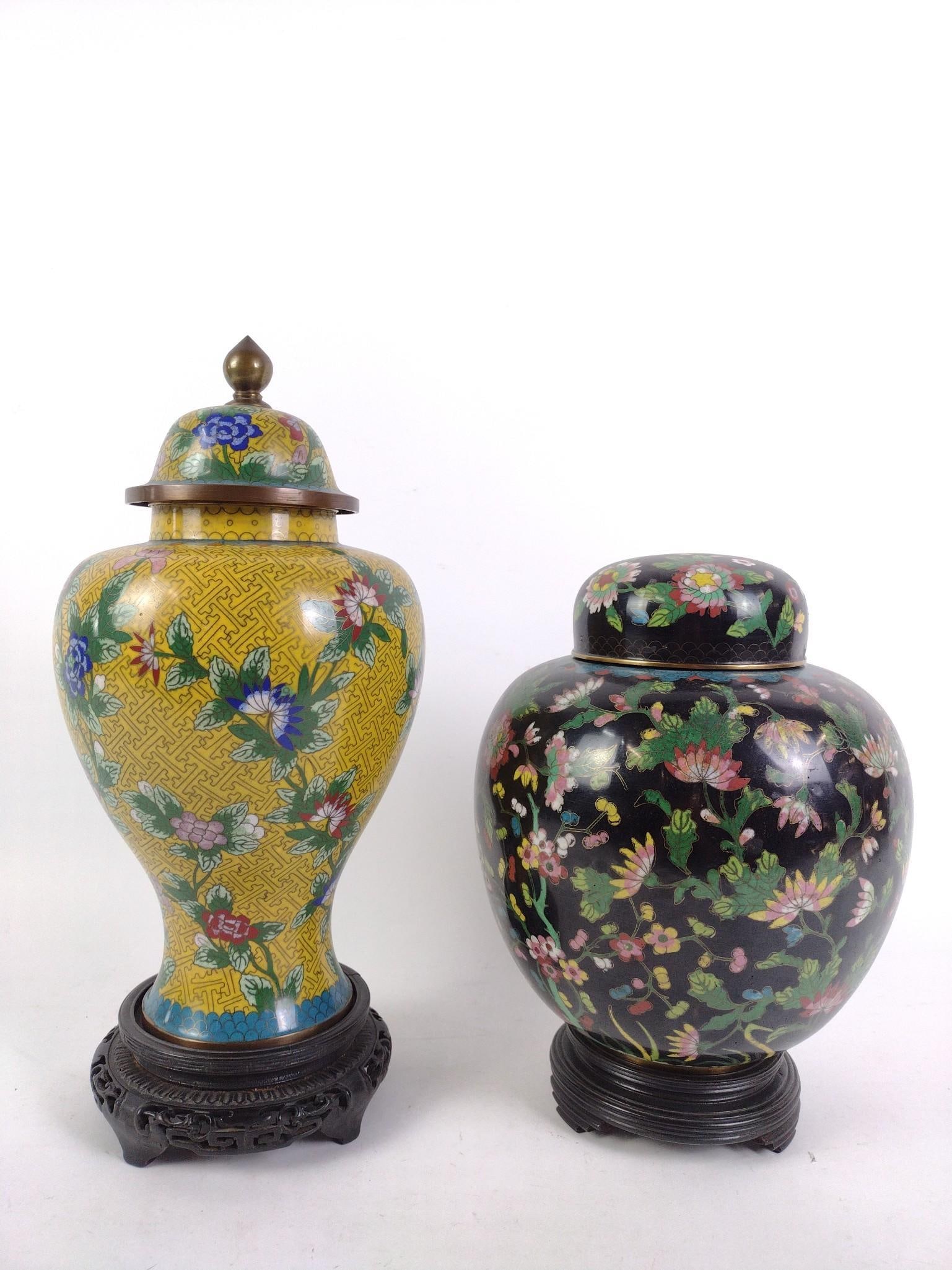 2 Cloisonne Asian Urns on Stands: Overall 7" to 8" wide x 12" to 15" high.