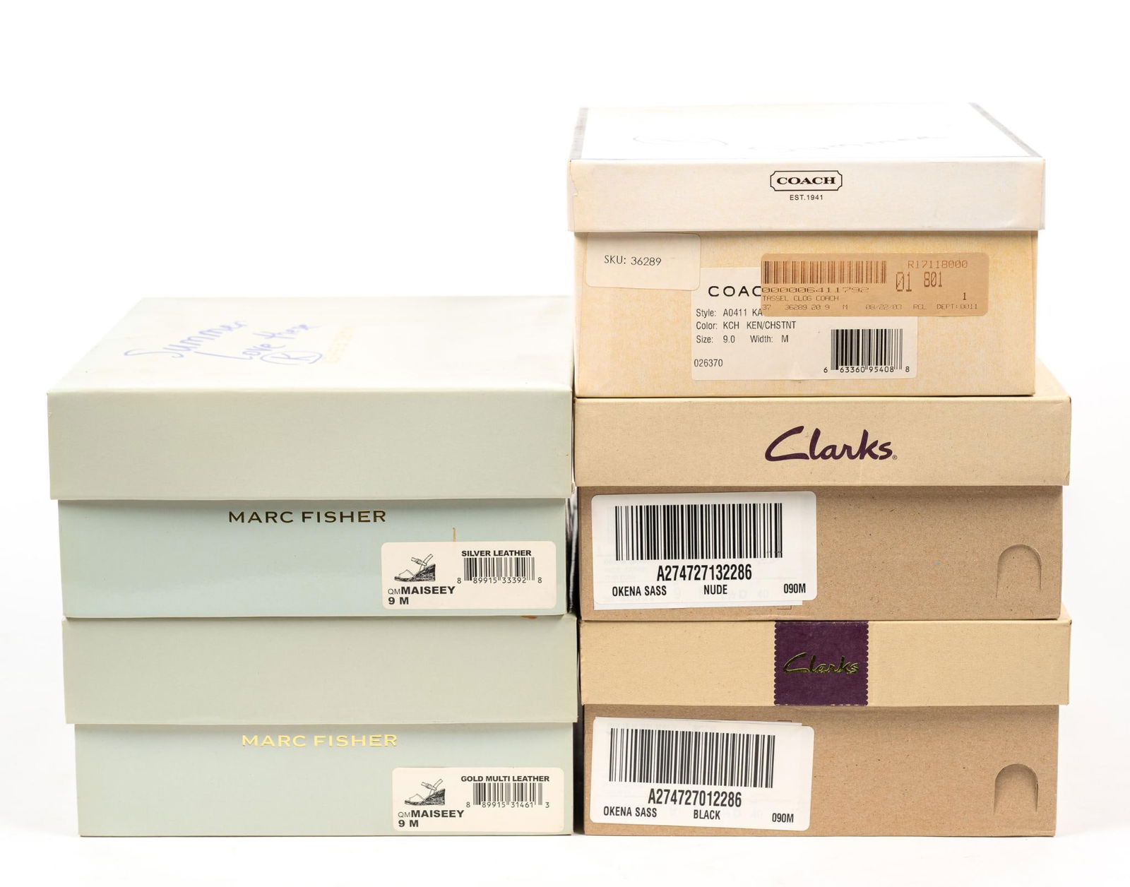 5 Pairs Women's Shoes incl. Coach: Also includes Marc Fisher and Clarks. All size 9. In original boxes.