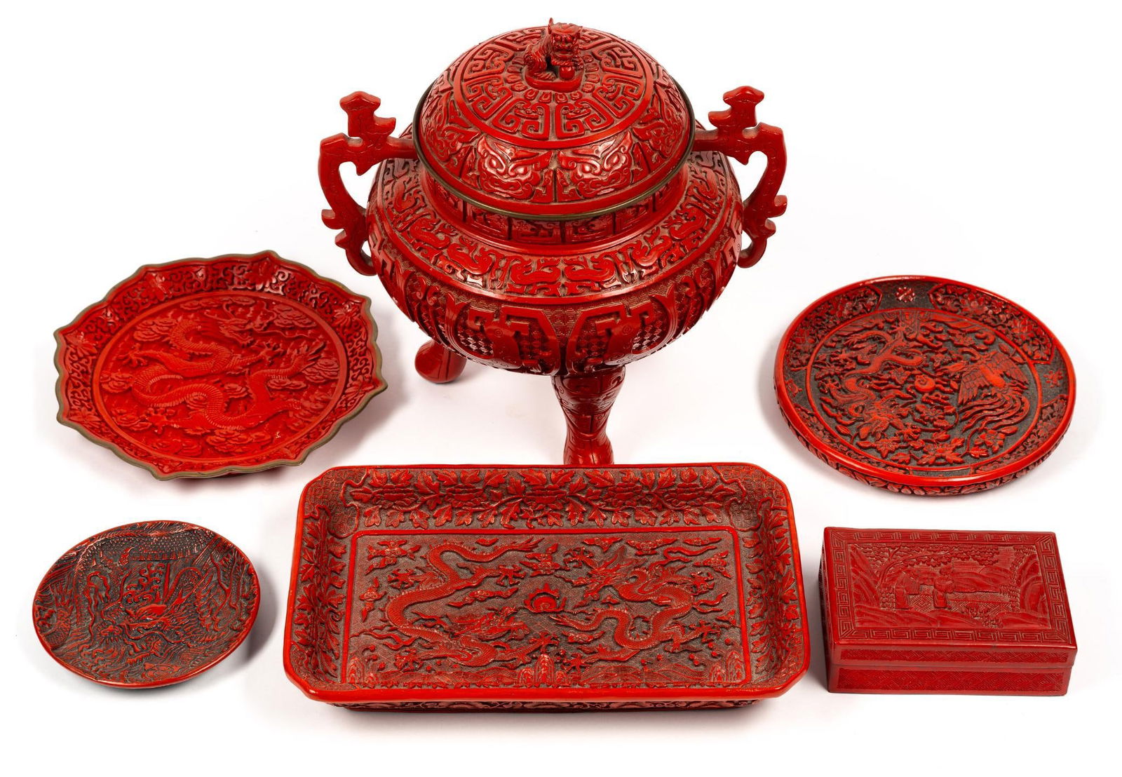 6 Pcs Chinese Carved Red Cinnabar (1 of 7)