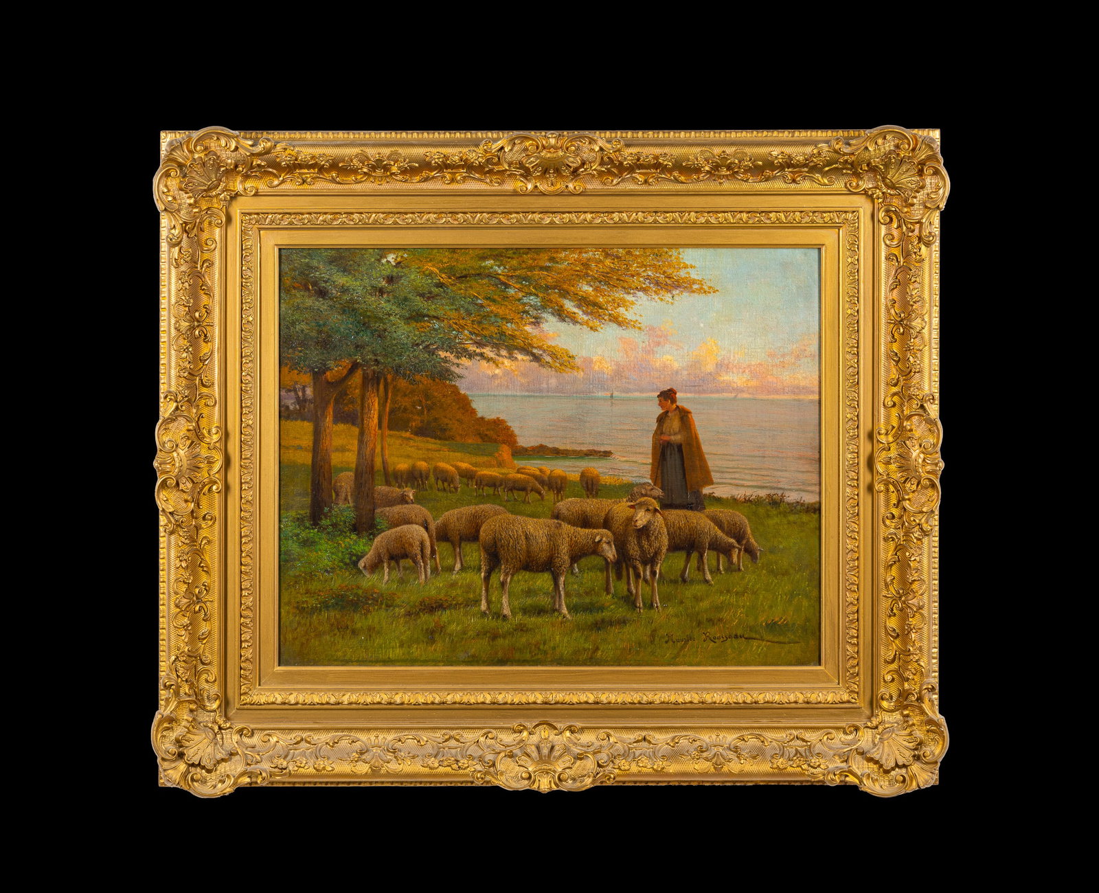 F. Maurice Roganeau (French, 1883-1974) Oil Painting: NOT ELIGIBLE FOR IN-HOUSE SHIPPING: See Terms for Shipping Options. Oil on canvas painting of shepherdess and sheep in front of lake. Signed lower right. Sight is 19-1/2" tall and 25" wide. Framed dim