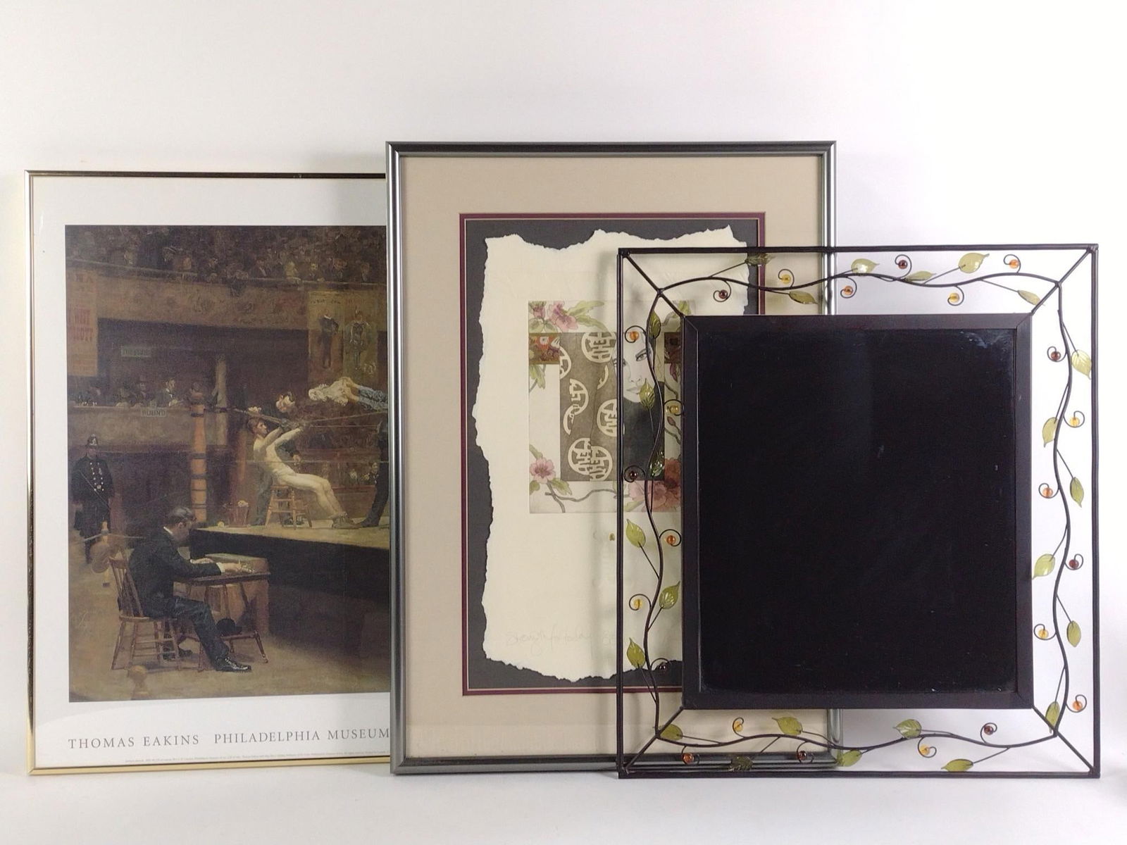 3 Decorative Artwork Pieces: NOT ELIGIBLE FOR IN-HOUSE SHIPPING - See Terms for Shipping Options. Includes 1 mirror and 2 artworks. Artworks include "Between Rounds" by Thomas Eakin print (Philadelphia Museum) and "Strength for T