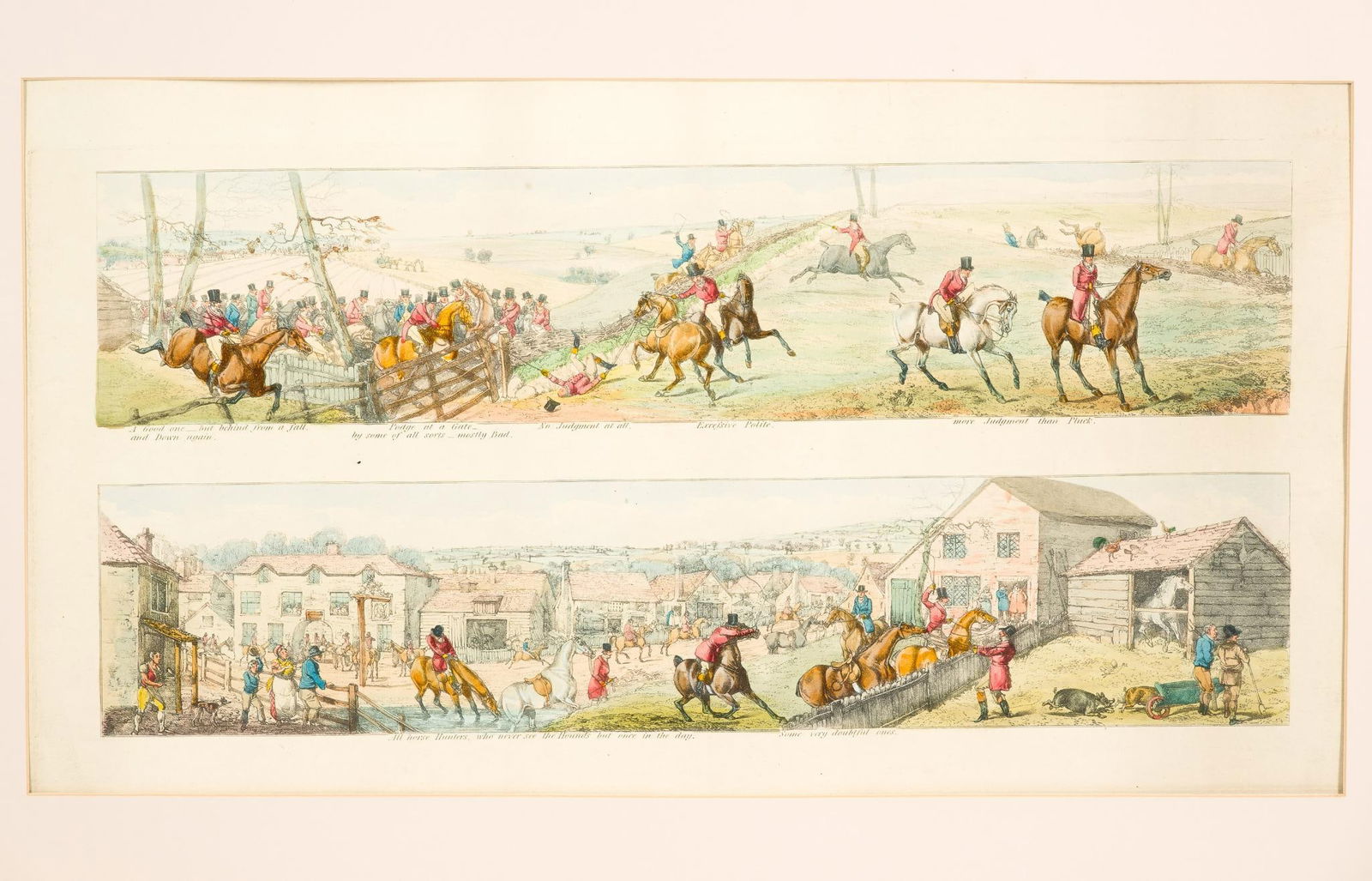 Aquatint Engravings by Henry Thomas Alken: NOT ELIGIBLE FOR IN-HOUSE SHIPPING - See Terms for Shipping Options. Two humorous English Hunt Country equine prints by Henry Thomas Alken. Each 4 1/2" X 21 1/2". Printed and framed as a pair. Framed