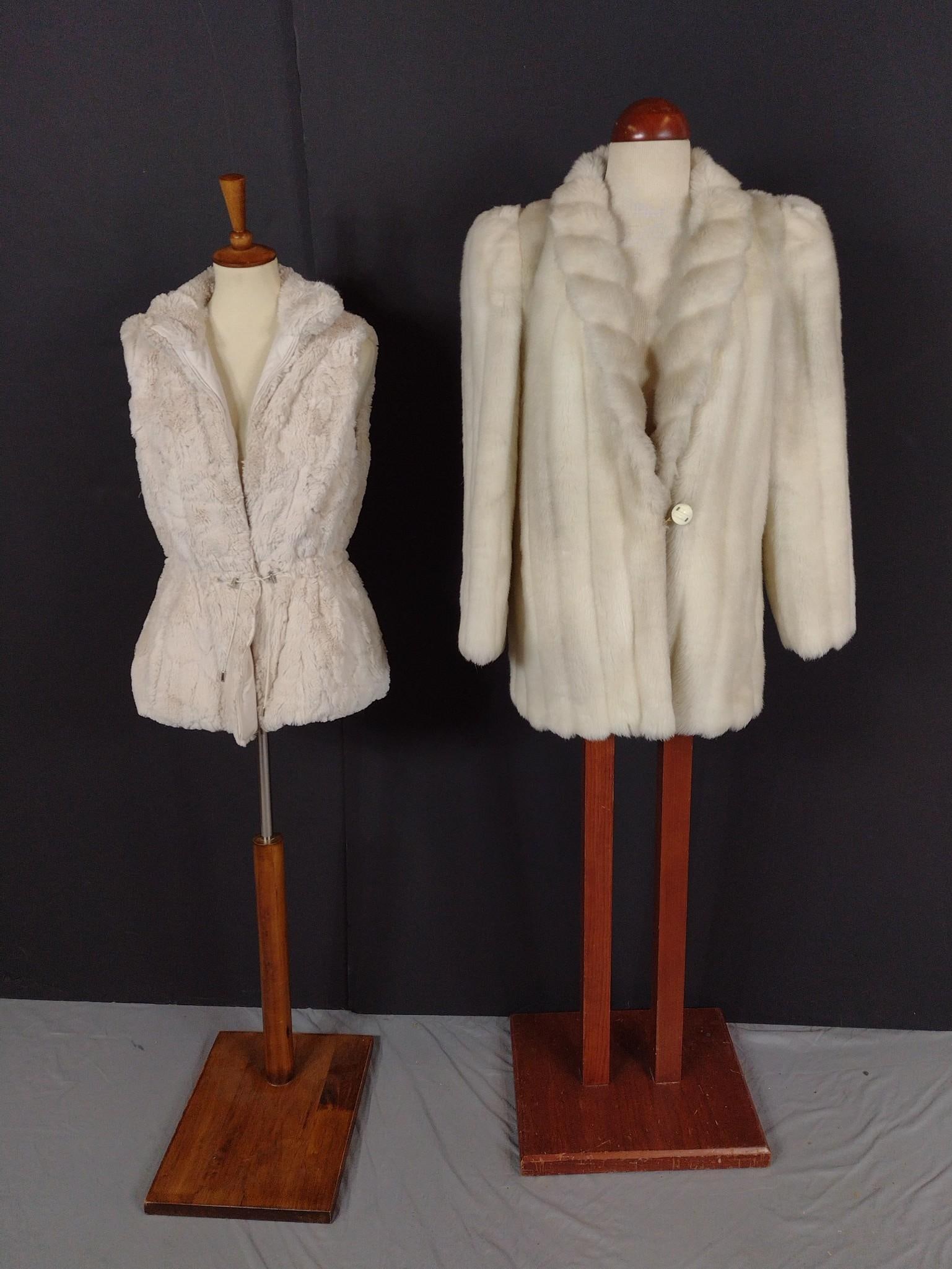 Fur Coat and Gilet: Fur coat tags say "Intrigue; a Luxury Fabric by Monterey Mills, Inc." Gilet has no tags. From 27" to 33" long and 16" to 18" wide in shoulders. Coat has 16-1/2" long underarm.