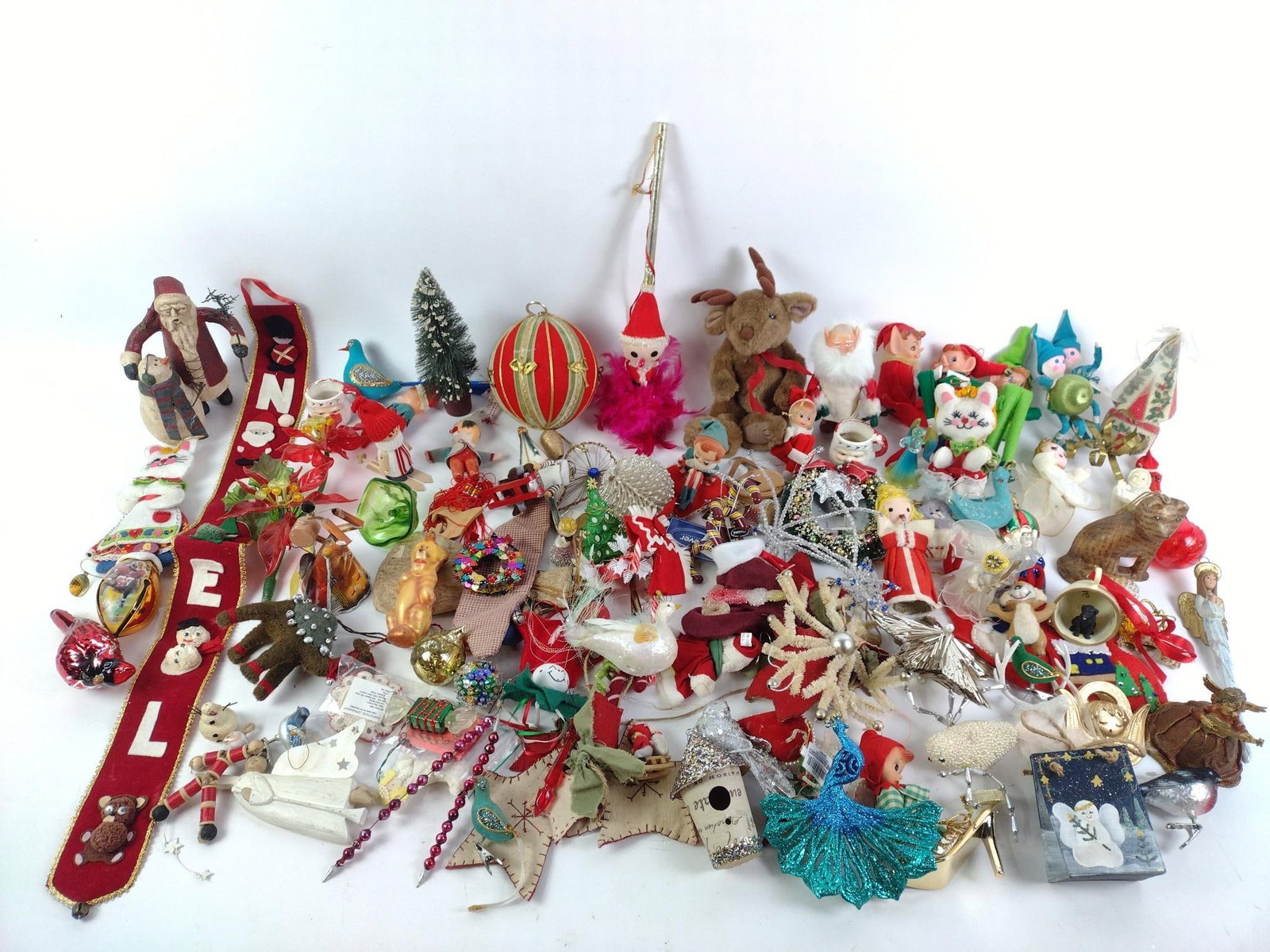 Lot of Christmas Decorations: Includes vintage and modern Christmas Santa, animals, elves, and more.