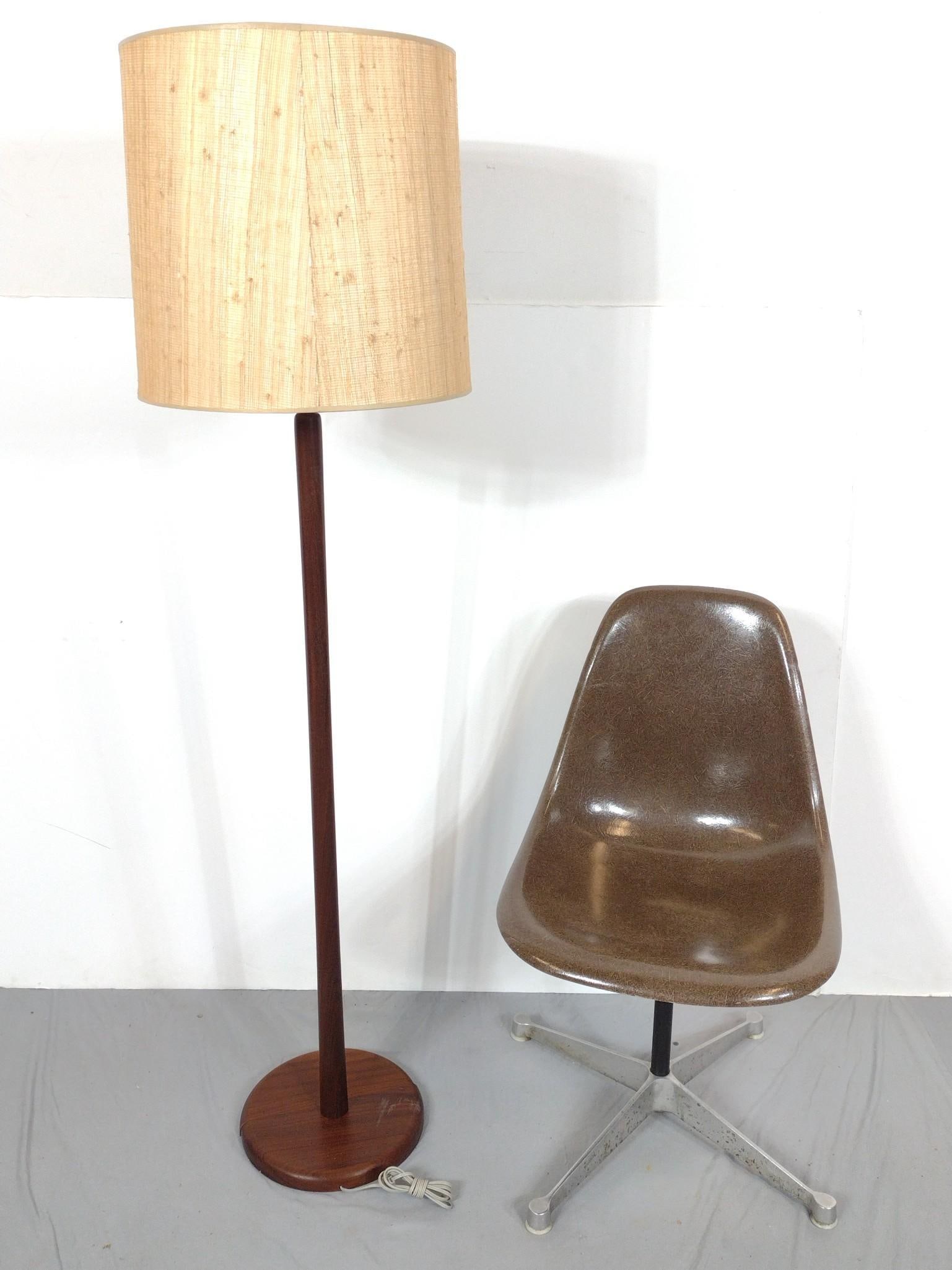 Herman Miller Chair & Wood MCM Floor Lamp: NOT ELIGIBLE FOR IN-HOUSE SHIPPING: See Terms for Shipping Options. Chair 18-1/4" wide X 19" deep X 31-1/2" high. Metal base has scratches and discoloring. Lamp 15" diameter X 60" high. Base is split.