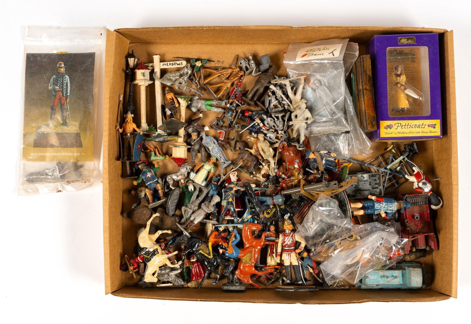 Grouping of Miniature Figurines: Includes various figurines and some toy cars. Some are mixed metal, pewter, and lead, and some are plastic. Condition varies, though most are missing paint and some have damage.
