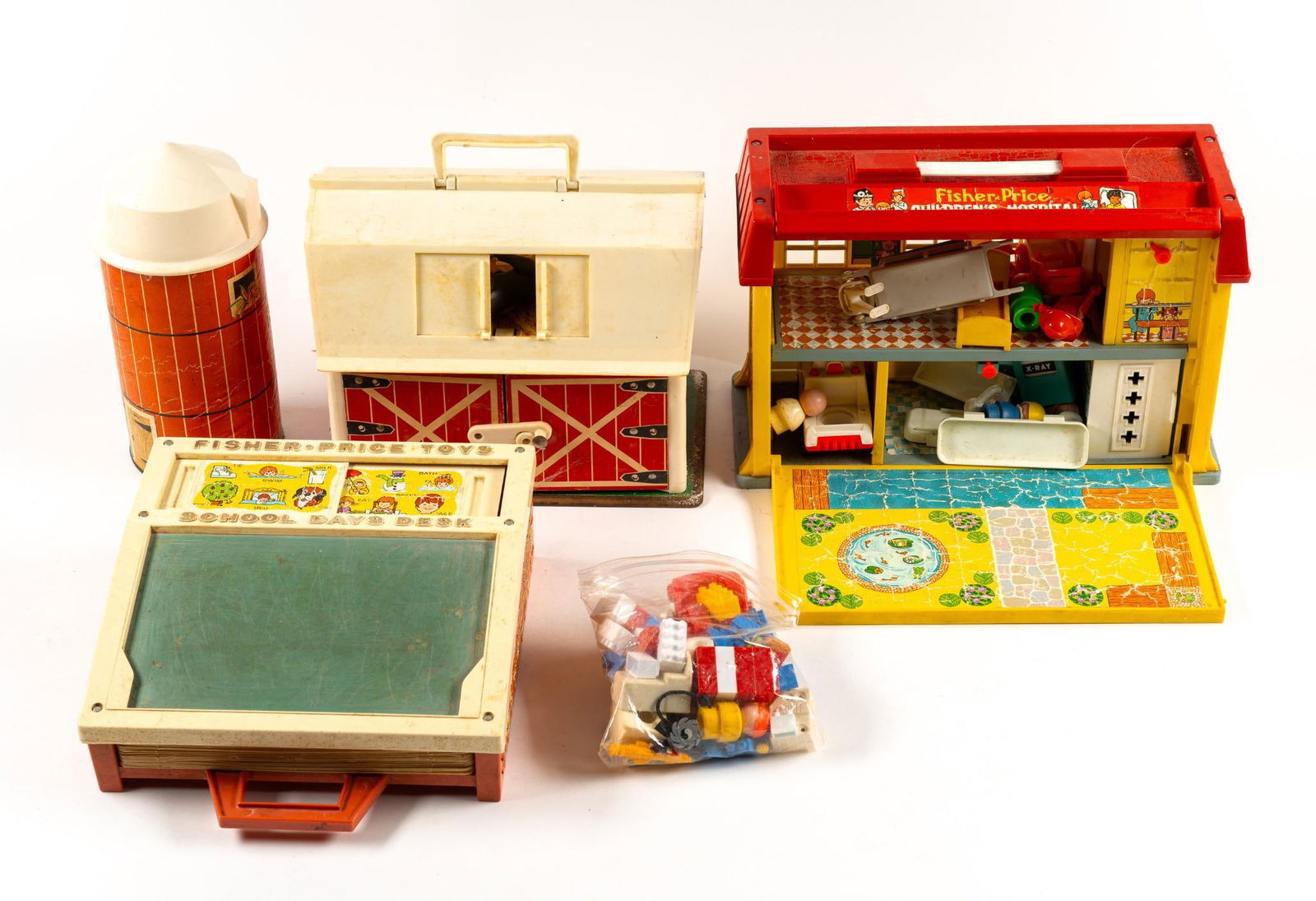 3 Vintage Fisher Price Playsets: Includes Barn, Children's Hospital, and School Days Desk. Hospital with some original accessories.