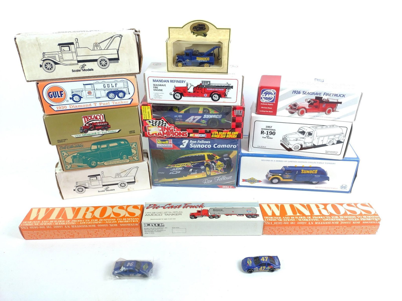 Lot of Die Cast Toy Cars: Includes Sunoco, Revell, Gulf, Winross, and more.
