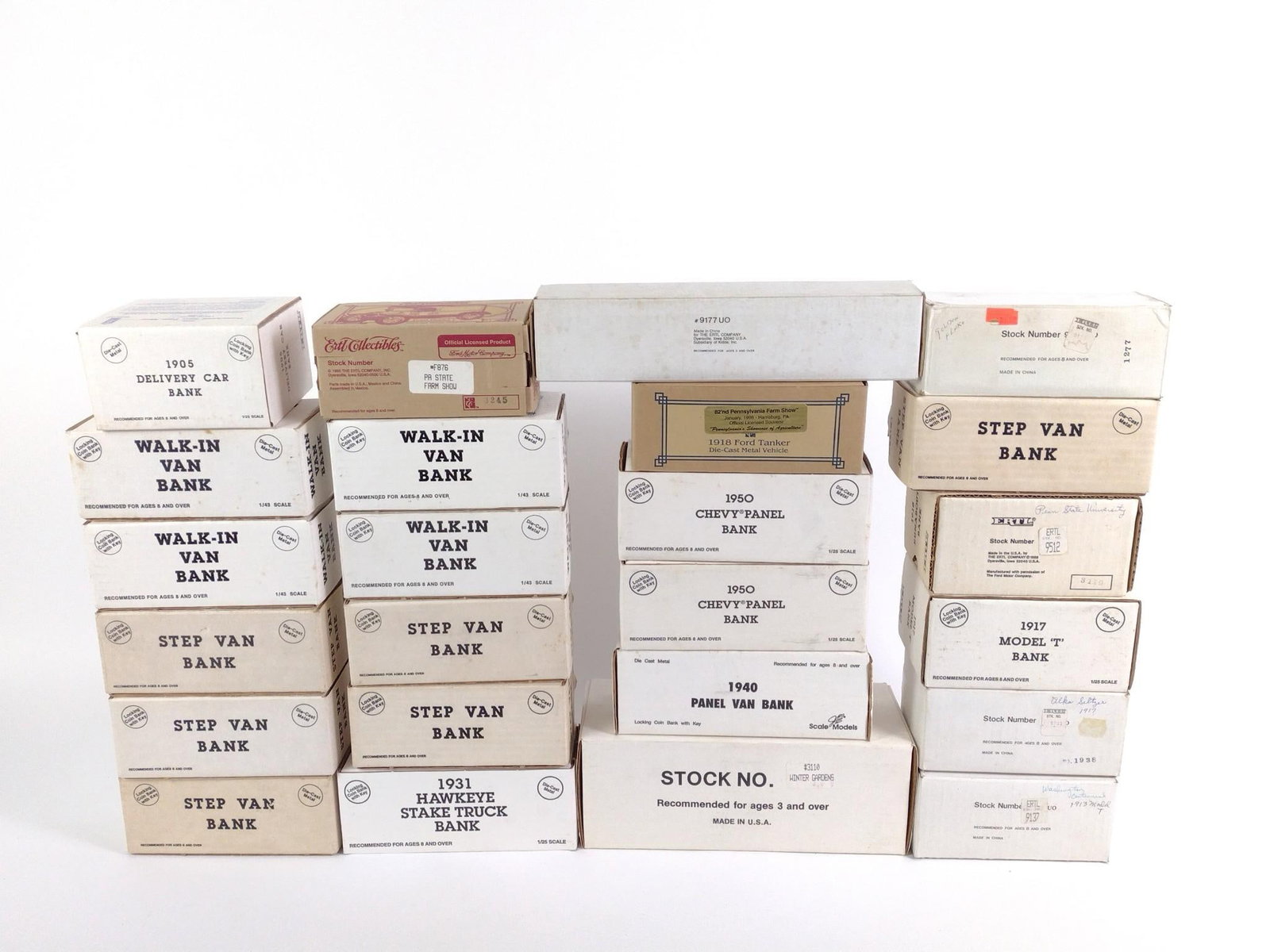 24 Ertl Die Cast Cars and Trucks: All in original boxes. Normal wear and tear associated with age. From 5-1/4" to 11-1/4" wide and 2-1/2" to 4" tall.
