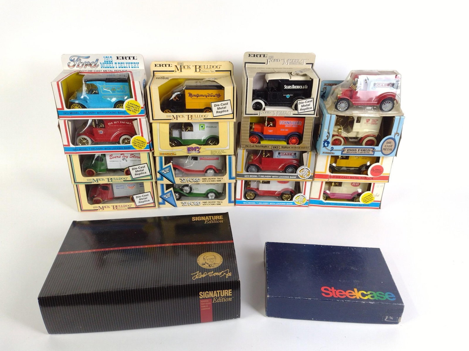 17 Ertl Die Cast Cars and Trucks plus Signature Edition: Includes Ford and Mack "Bulldog." Normal wear and tear associated with age. From 6" to 14" wide and 4" to 9-1/4" tall.