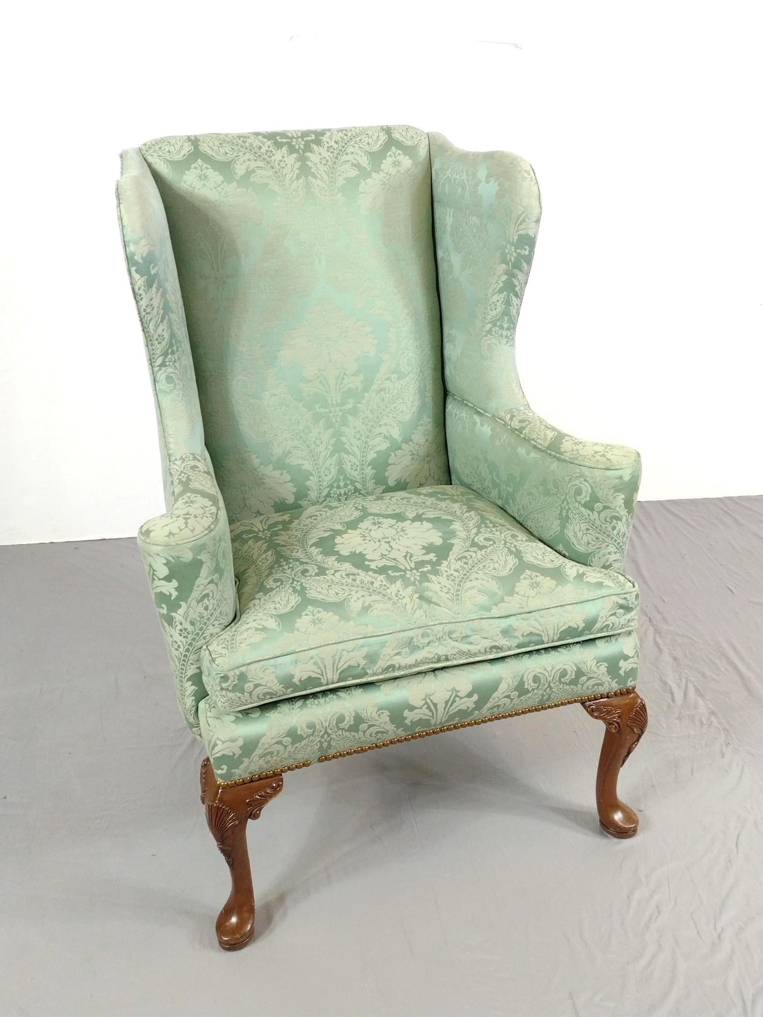 Wingback Chair: NOT ELIGIBLE FOR IN-HOUSE SHIPPING - See Terms for Shipping Options. 31-1/2" wide X 26" deep X 43" high. No manufactures name found. PROVENANCE: From Kunkel Estate in Harrisburg, PA.