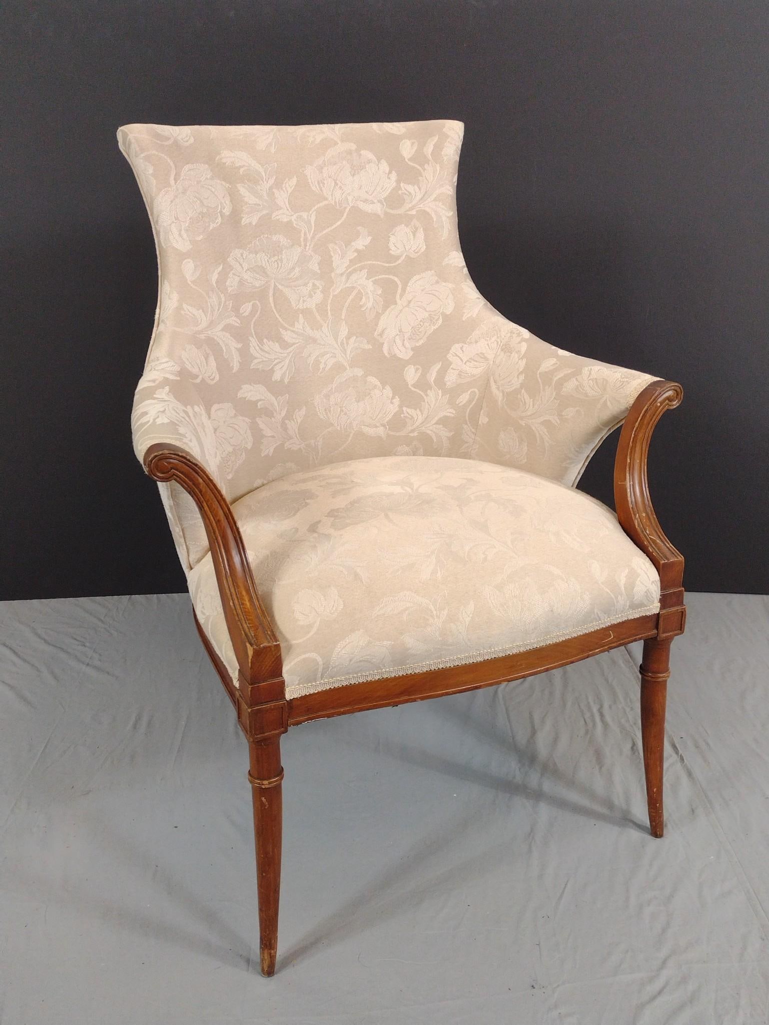 White Upholstered Arm Chair: NOT ELIGIBLE FOR IN-HOUSE SHIPPING - See Terms for Shipping Options. 28" wide X 22" deep X 37-3/4" high. Wood frame has some scratches. No manufactures name found. PROVENANCE: From Kunkel Estate in Ha