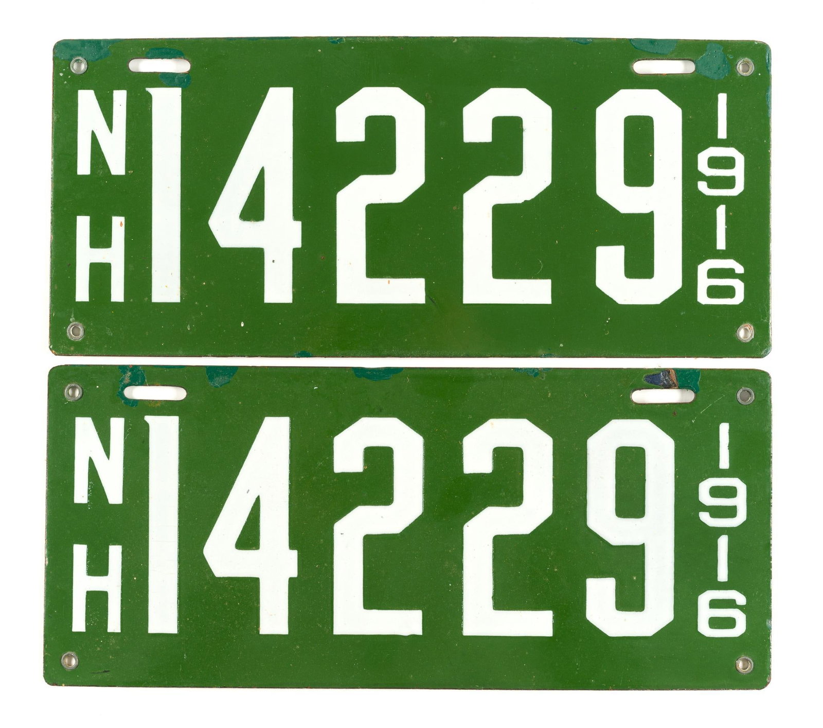 2 New Hampshire 1916 License Plates: Both are NH 4226. Good condition, with some repair work done. 13-1/2" wide, 6" tall.