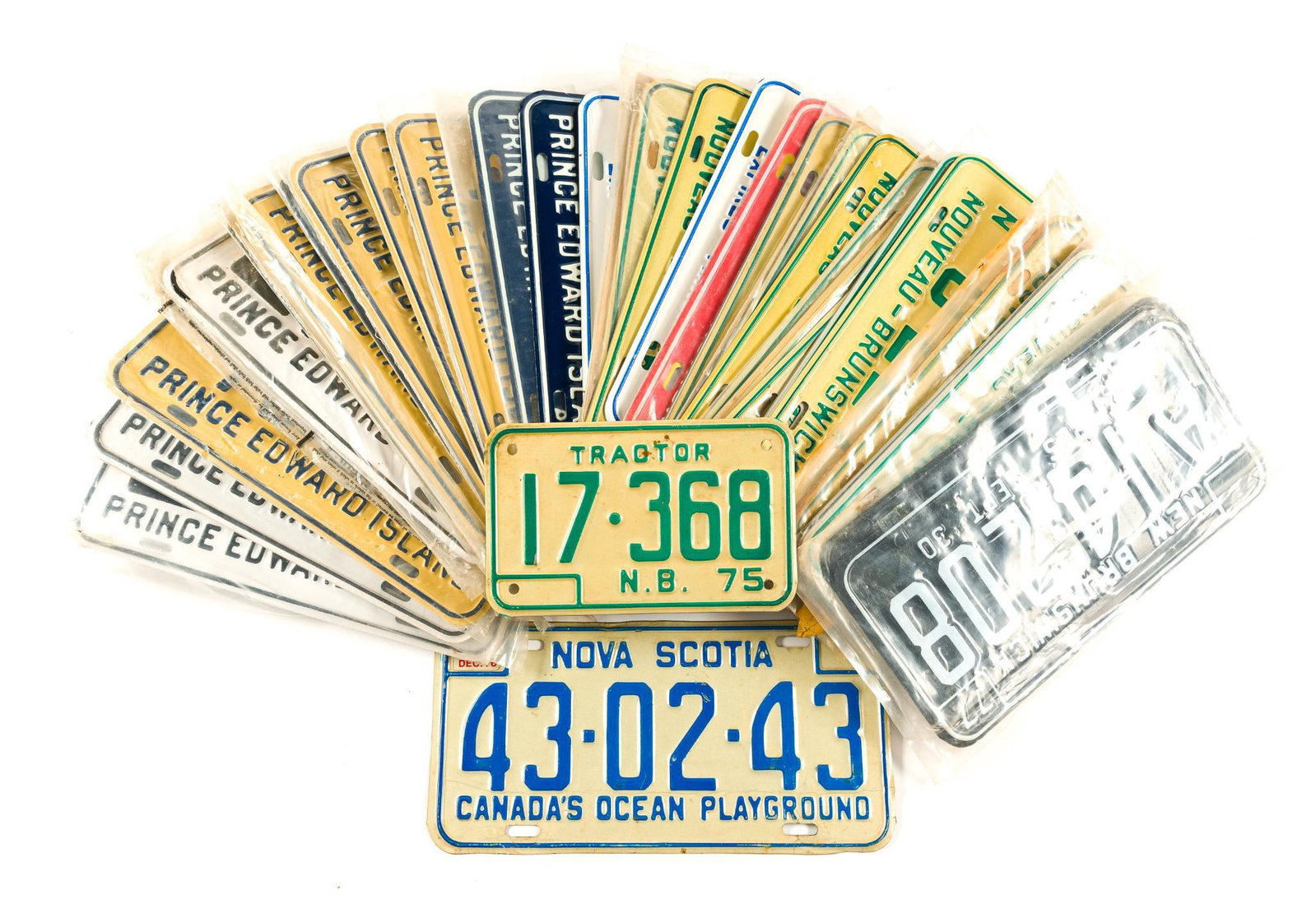 Vintage Canadian License Plates (1969 - 1979): Includes Prince Edward Island, New Brunswick, and Nova Scotia. Some are in protective covers and come in pairs. Some wear and tear associated with age. From 5" to 6" tall and 8" to 12" wide.