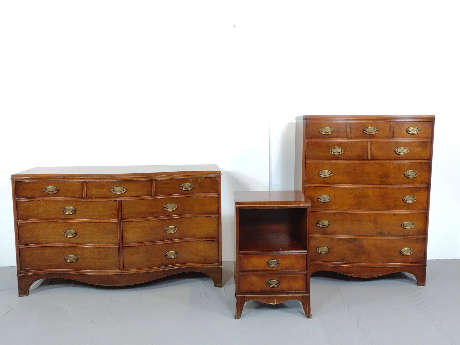 3 PC National Furniture Co Bedroom Set: NOT ELIGIBLE FOR IN-HOUSE SHIPPING - See Terms for Shipping Options. Dresser 56" wide X 21" deep X 34" high. Tall Chest 36" wide X 19-1/2" deep X 49-1/4" high. Night Stand 18" wide X 14-3/4" deep X 29