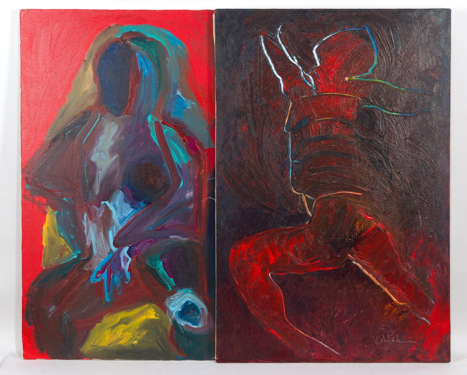 2 Virginia Cohn Parkum (PA 1943-2025) Paintings: NOT ELIGIBLE FOR IN-HOUSE SHIPPING: See Terms for Shipping Options. Includes "Mirror, Mirror" and "May All Beings Be Free." 36-1/4" long x 24" wide. PROVENANCE: From the Estate of Virginia Parkum. The