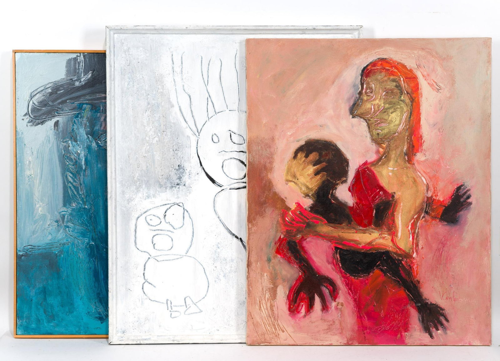 3 Virginia Cohn Parkum (PA 1943-2025) Paintings: NOT ELIGIBLE FOR IN-HOUSE SHIPPING: See Terms for Shipping Options. Includes "Madonna & Child Pieta"; "Tell Me About the Bomb, Mom"; and untitled. 28-1/2" to 31" long x 22-1/2" to 25-1/4" wide. PROVEN