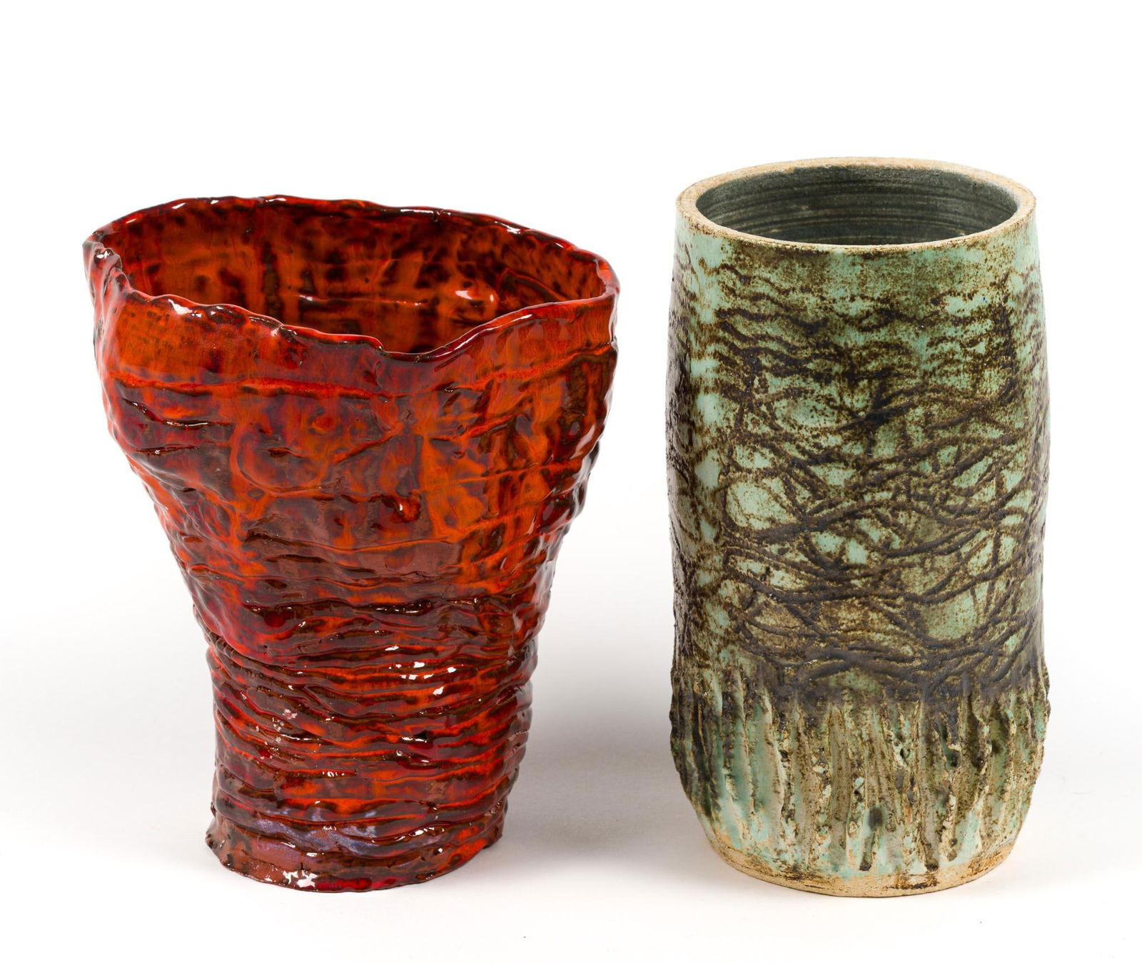 2 Pottery Vases: One signed Re. 5" to 7-1/4" wide x 9" to 9-1/2" high. PROVENANCE: From the Estate of Virginia Parkum. The Rev. Dr. Virginia "Ginny" Cohn Parkum (1943-2025) was a Harrisburg resident dedicated to her a