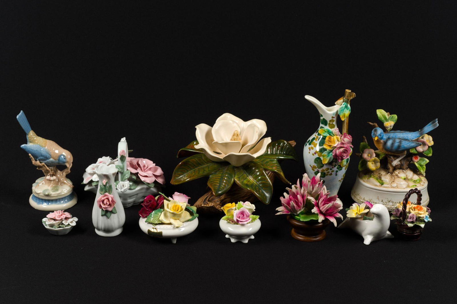 12 Flower and Bird Decorative Pcs incl Capodimonte: Also includes Enesco and Staffordshire. Overall good condition. From 1-1/4" to 7-1/2" tall and 2-1/4" to 9-1/2" wide.