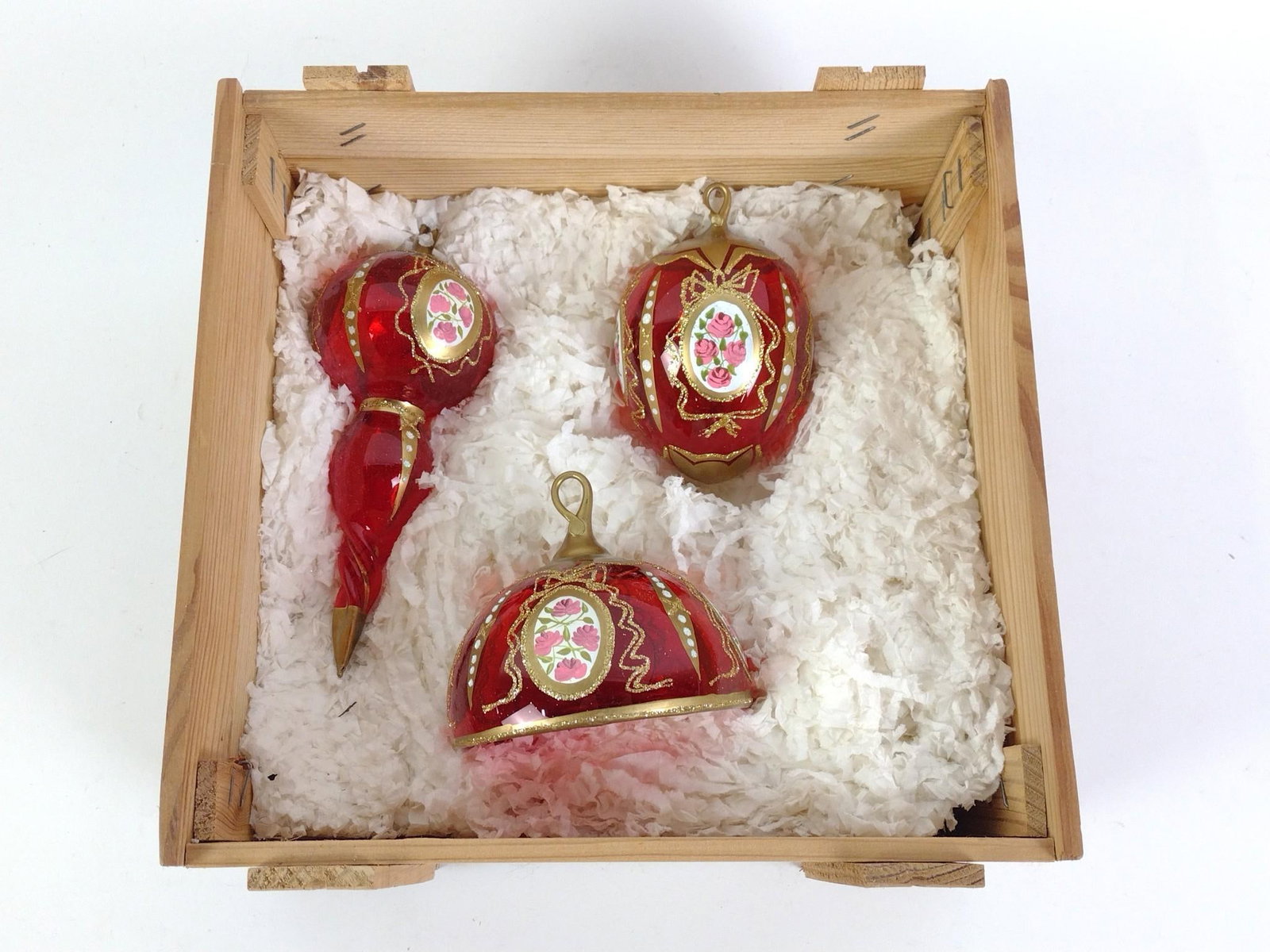 Set of Komozja Ornaments in Box: Box is 10" long, 10" wide, and 5" tall.