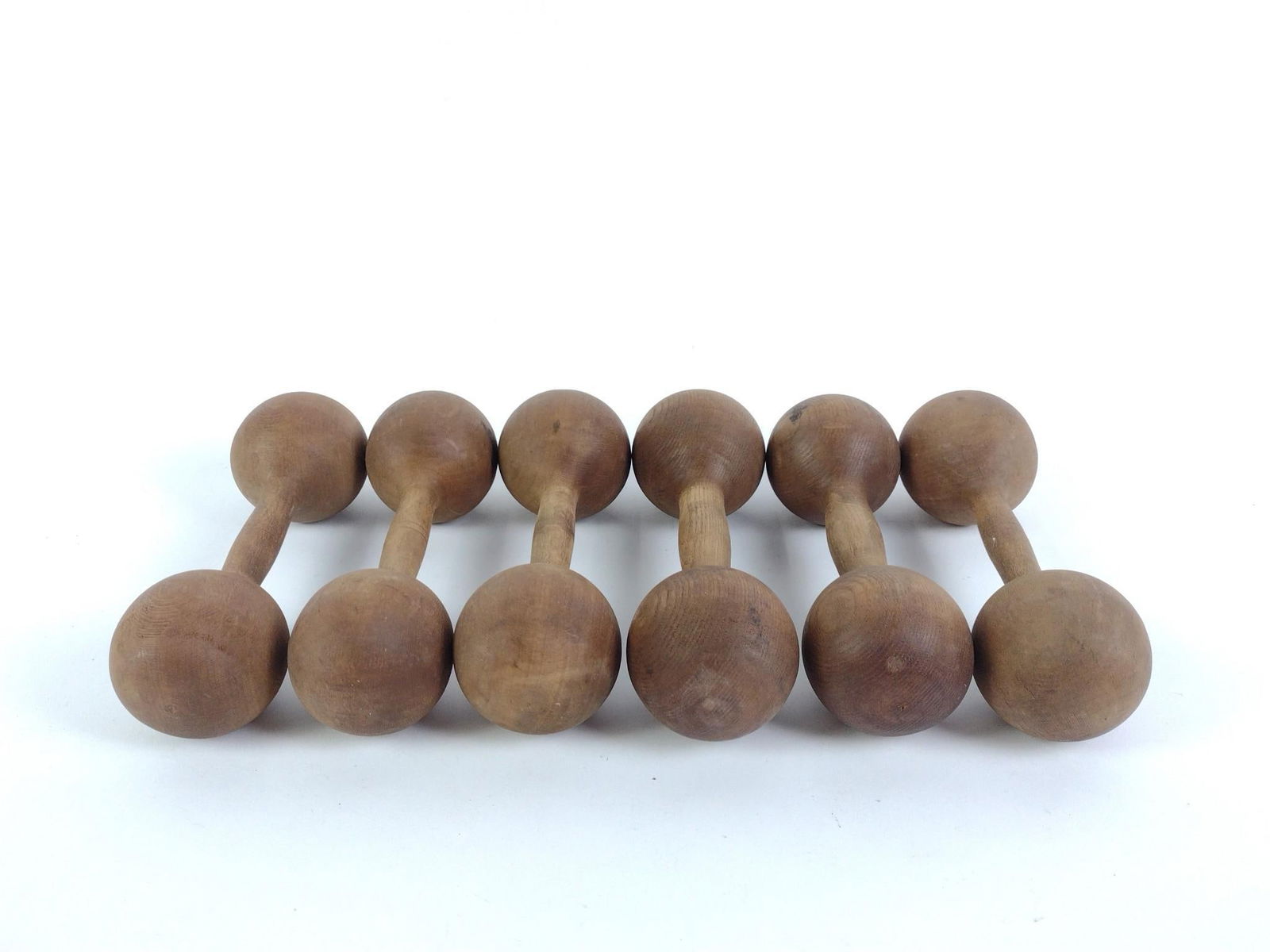 Vintage Wooden Children's Toy Barbells: 3 pairs. All approximately 8" long and 2-3/4" wide.