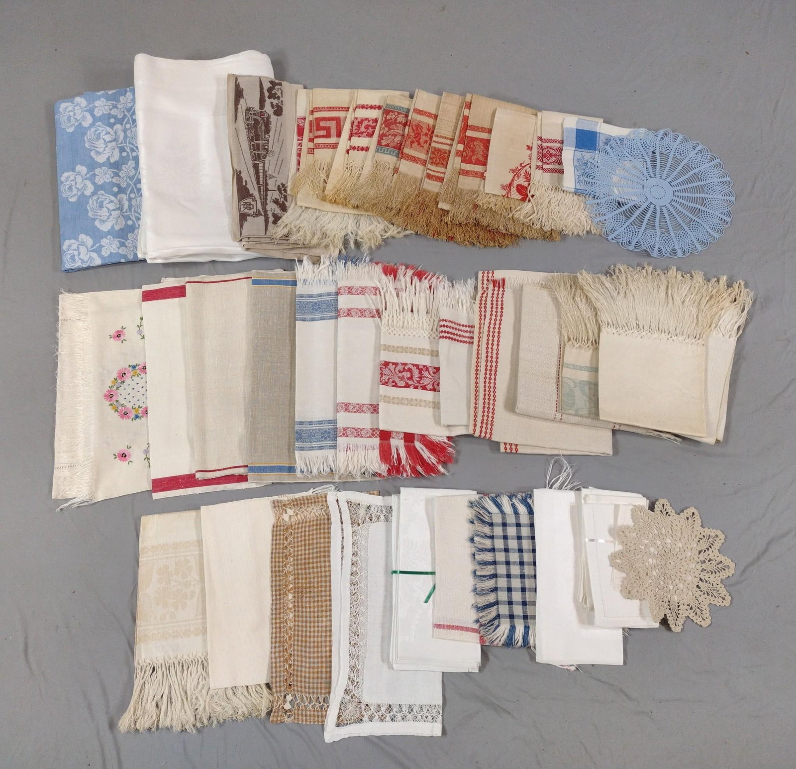 Lot Of Textiles: From 9-1/2" long X 9-1/2" wide to 83" long X 69" wide.