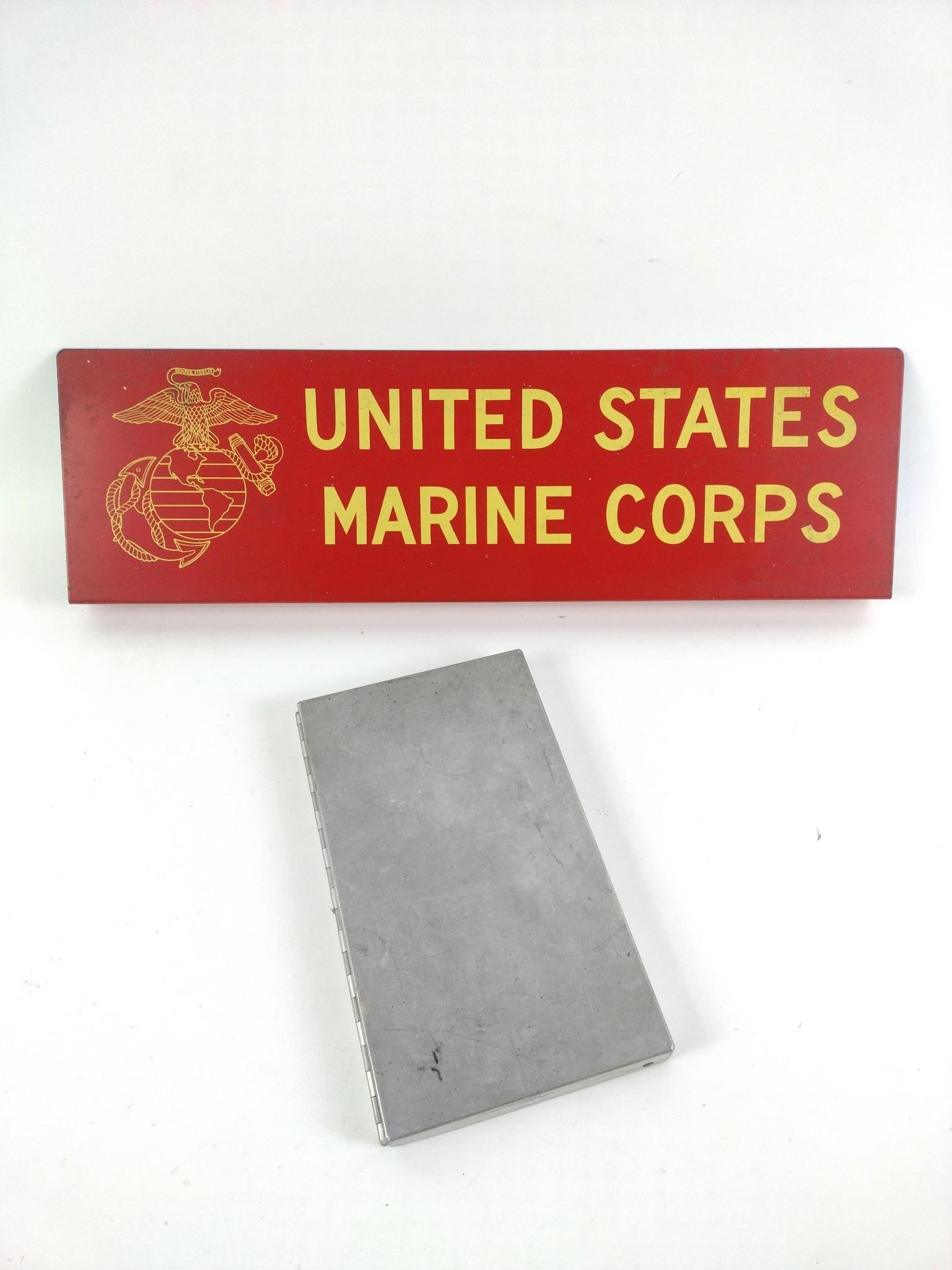 Metal Clipboard with Storage and Marine Corps Sign: Clipboard contains Arnold Electric ephemera. Includes receipts, business cards, and blank order sheets. Clipboard is in good condition. From 6" to 22" wide and 6-1/2" to 10-1/4" tall.