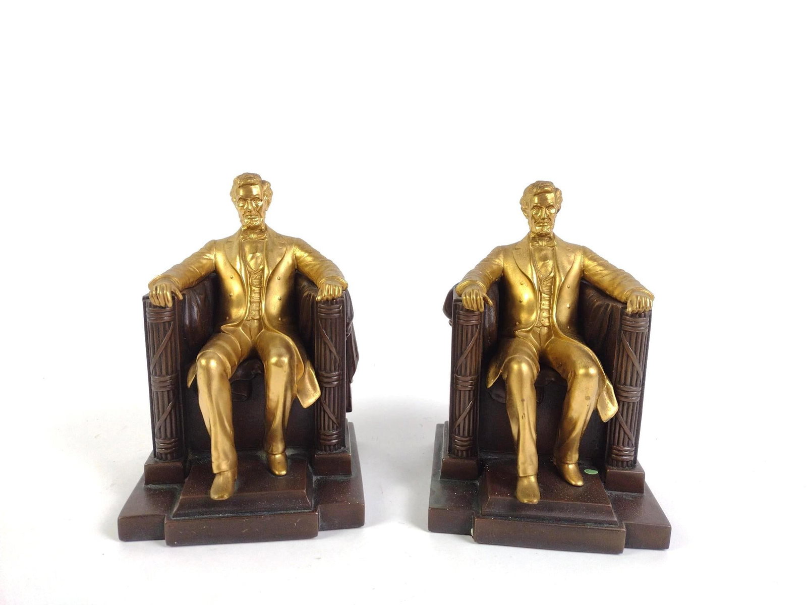 Pr. Jennings Bros. Abraham Lincoln Bookends: Both measure 4-3/4" wide x 6-3/4" high. PROVENANCE: From Kunkel Estate in Harrisburg, PA.