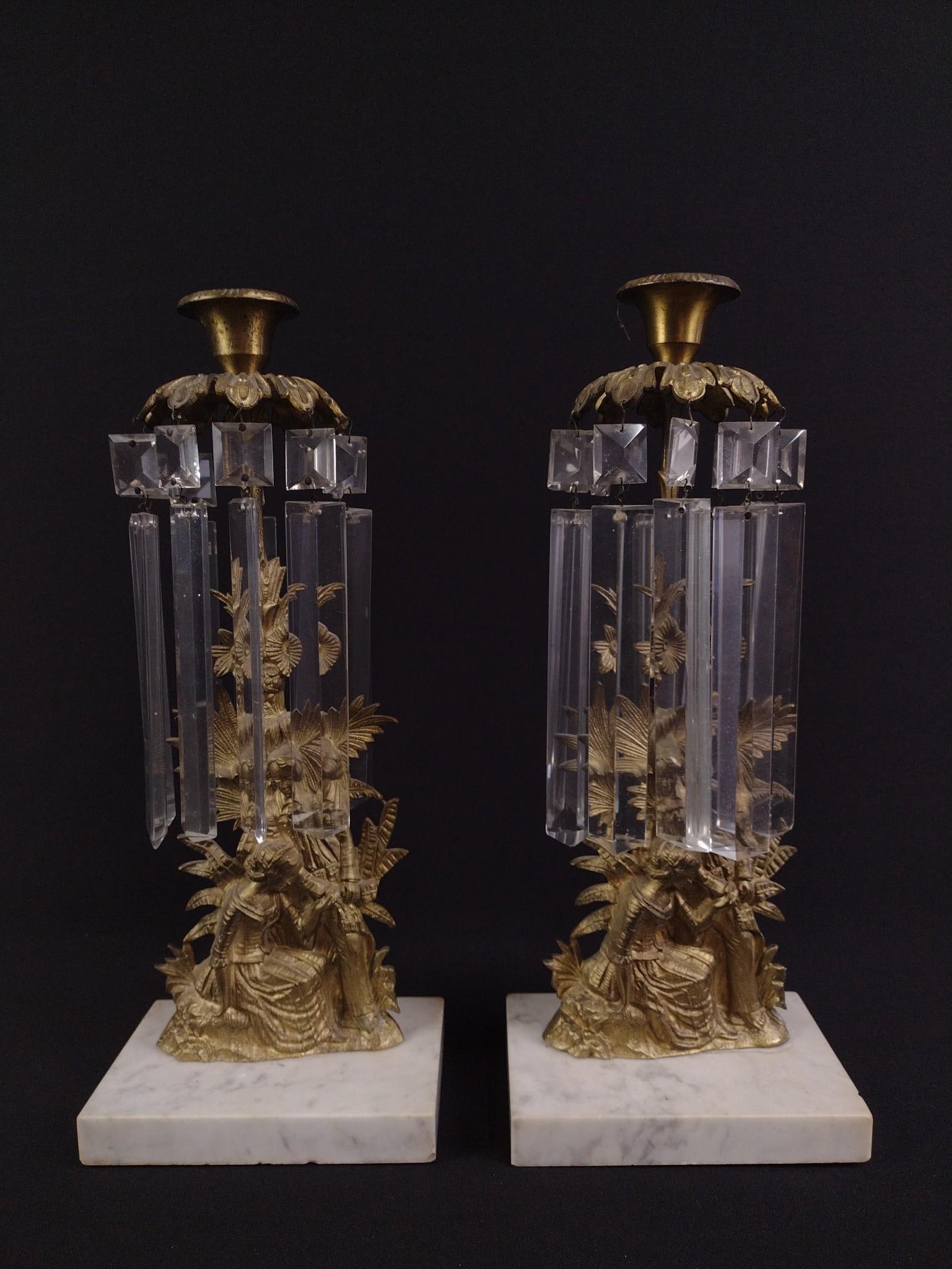 Pair of Brass Candelabra: Both are missing one crystal. Both 14-3/4" tall and 6" wide. PROVENANCE: From Kunkel Estate in Harrisburg, PA.