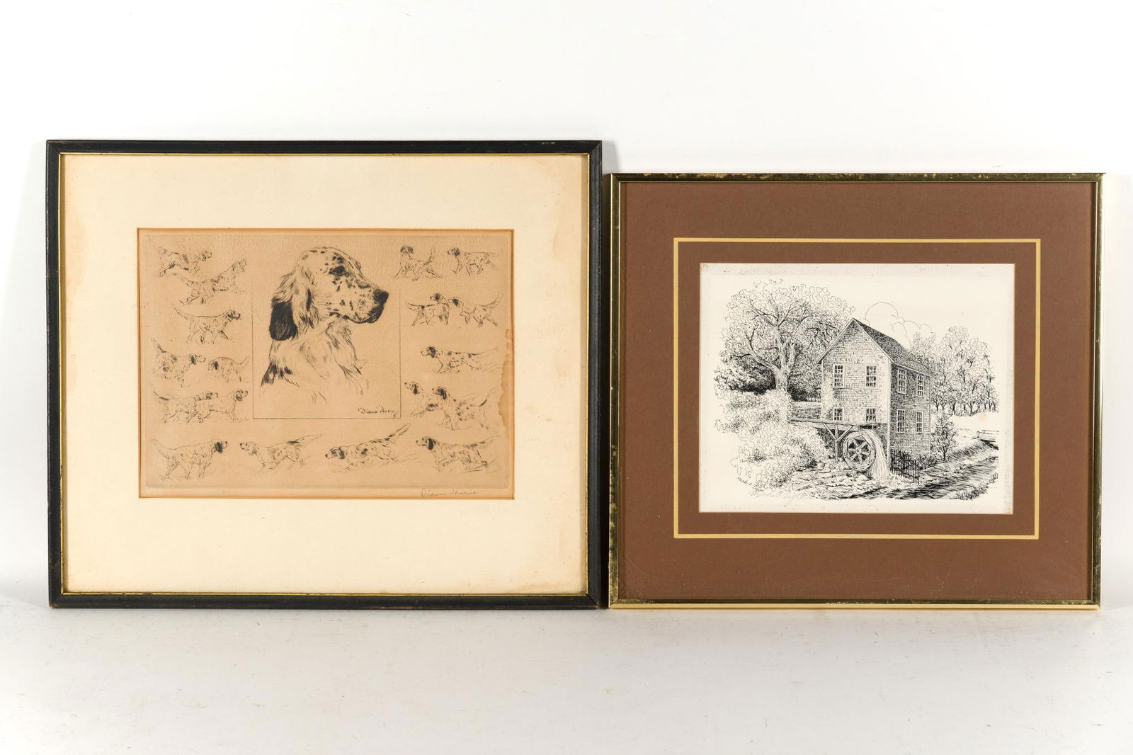 2 Pcs Framed Art incl Diana Thorne "English Setter": NOT ELIGIBLE FOR IN-HOUSE SHIPPING-See Terms for Shipping Options. Thorne etching is pencil signed lower right. Overall 15-1/4" to 16-1/4" long x 17-1/2" to 19-1/4" wide. PROVENANCE: From Kunkel Estat