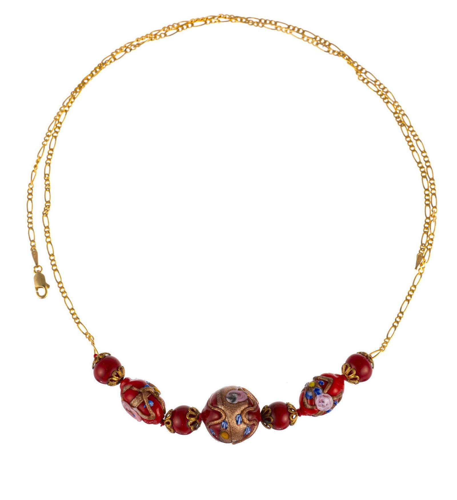 14K Gold Chain Necklace with Milefiori Beads: A 23" gold chain necklace with the pendant section consisting of seven art glass beads graduated in size. The chain pattern is figaro and the weight of the gold chain portion, not including the beadwo