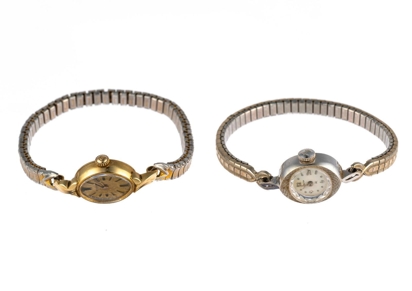 Two 14K Gold Cord Watches: One watch is 14k white gold Hamilton and the second a 14k yellow gold Bulova. Neither watches run and the Bulova has degredation to the dial.