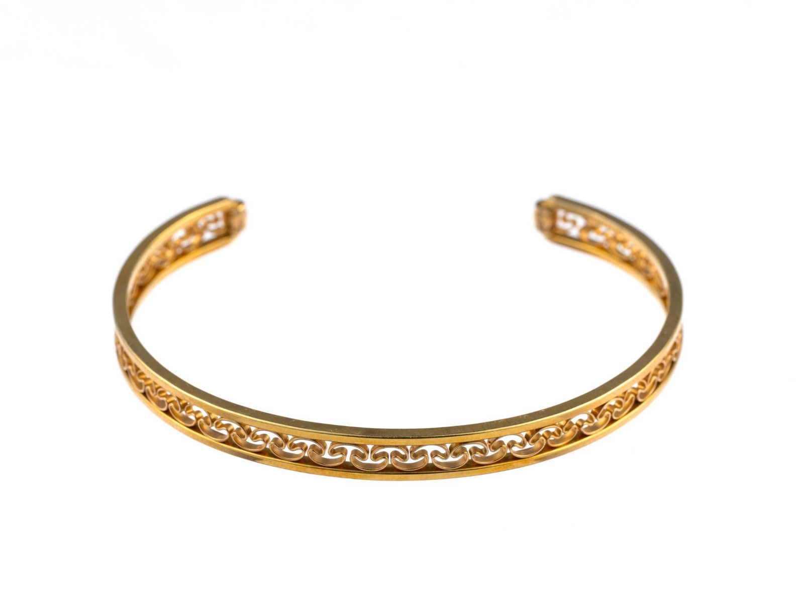 14K Gold Bangle Bracelet: The bangle opening is 1 1/4" and the inner width is 2 1/8". It has a weight of 5.8 grams.
