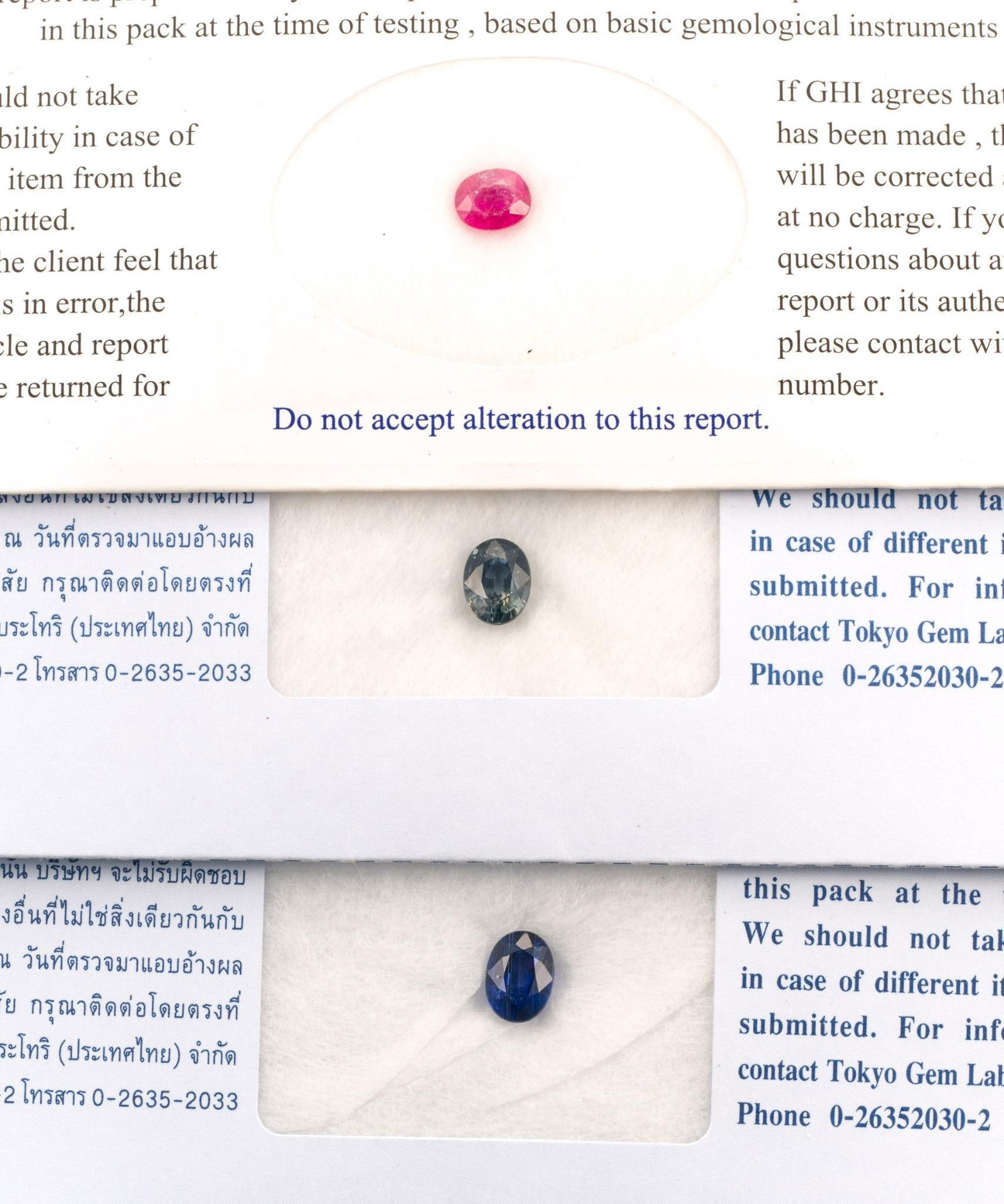 3 Unmounted Gemstones: Includes (1) Sapphire, OM/C, 1.46 carat, heated; (2) Ruby, OM/Fancy, 0.92 carat, no evidence of heated treatment; and (3) Sapphire, OM/C, 1.34 carat, no evidence of heated treatment. From a selection