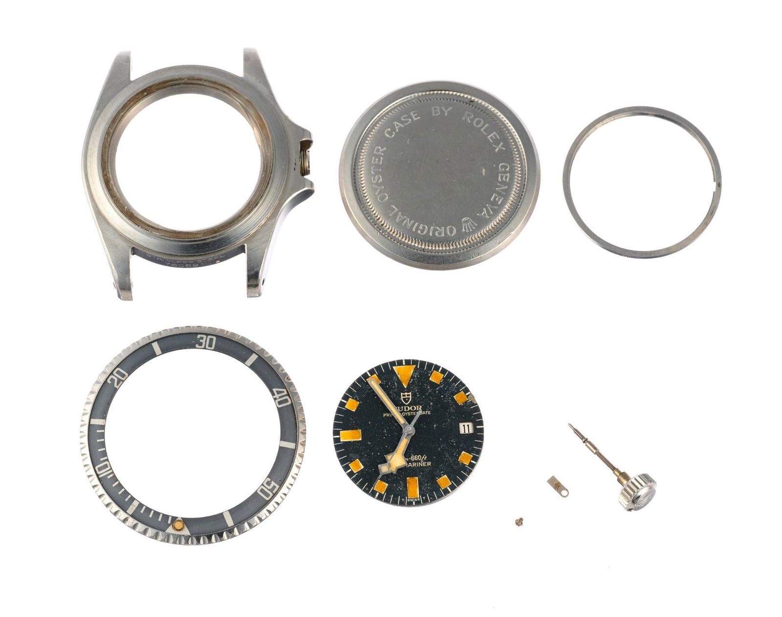 Tudor Rolex Submariner Snowflake 7021/0 Parts: The watch is complete except that it does not have a crystal or bracelet. It is a model 7021/0 manufactured in 1971 with original hands and original dial. The dial has an edge chip/loss. The case is v