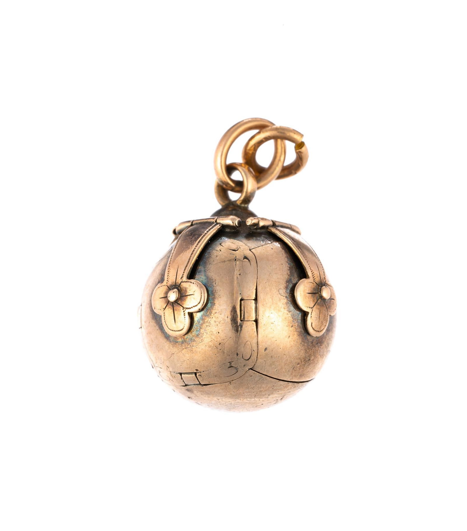 Antique Gold And Silver Masonic Orb Charm: The orb opens to six hinged pieces.and is 16 mm in diameter. The composition is silver and 9k gold.