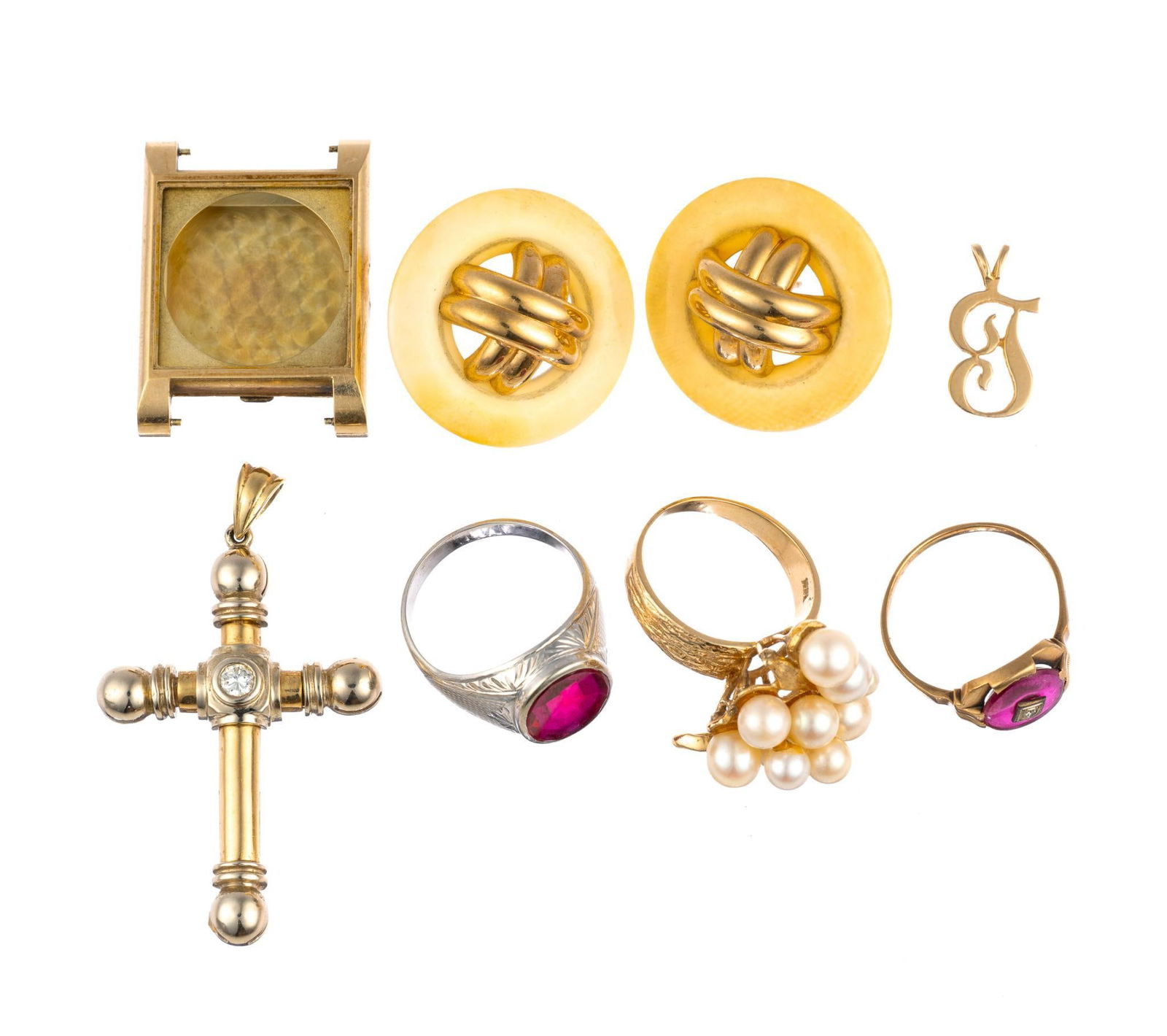 14K Gold Rings Earrings And Scrap: One ring white gold size 10, one with a pearl cluster size 9.5, one antique ring in 10k rose gold. Pendants include a 14k cross with a central diamond of approximately 0.2 carats. 14k earrings, no bac