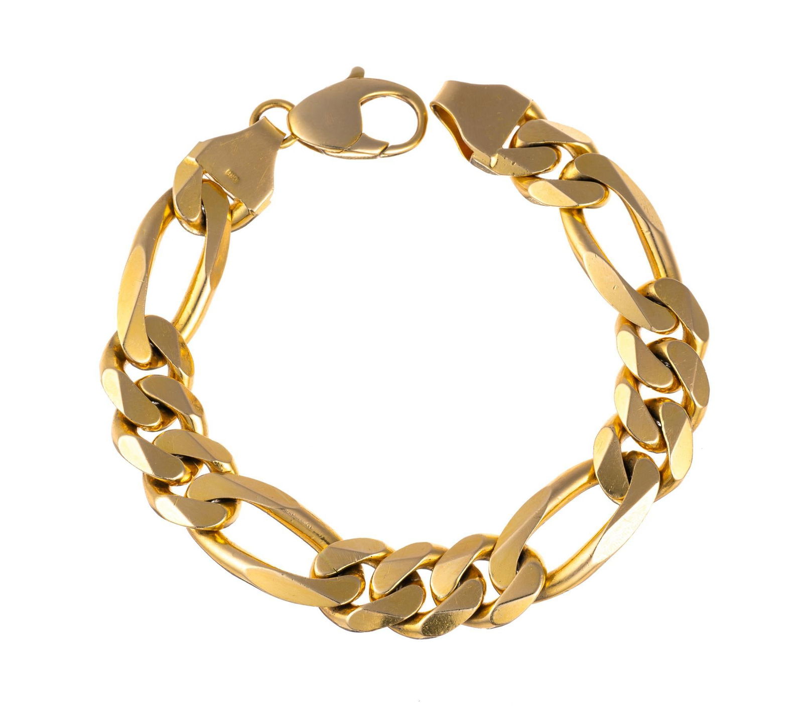 Heavy Gold 14K Chain Bracelet: An 8" yellow gold bracelet composed of massive figaro links. The weight is 82.0 grams.