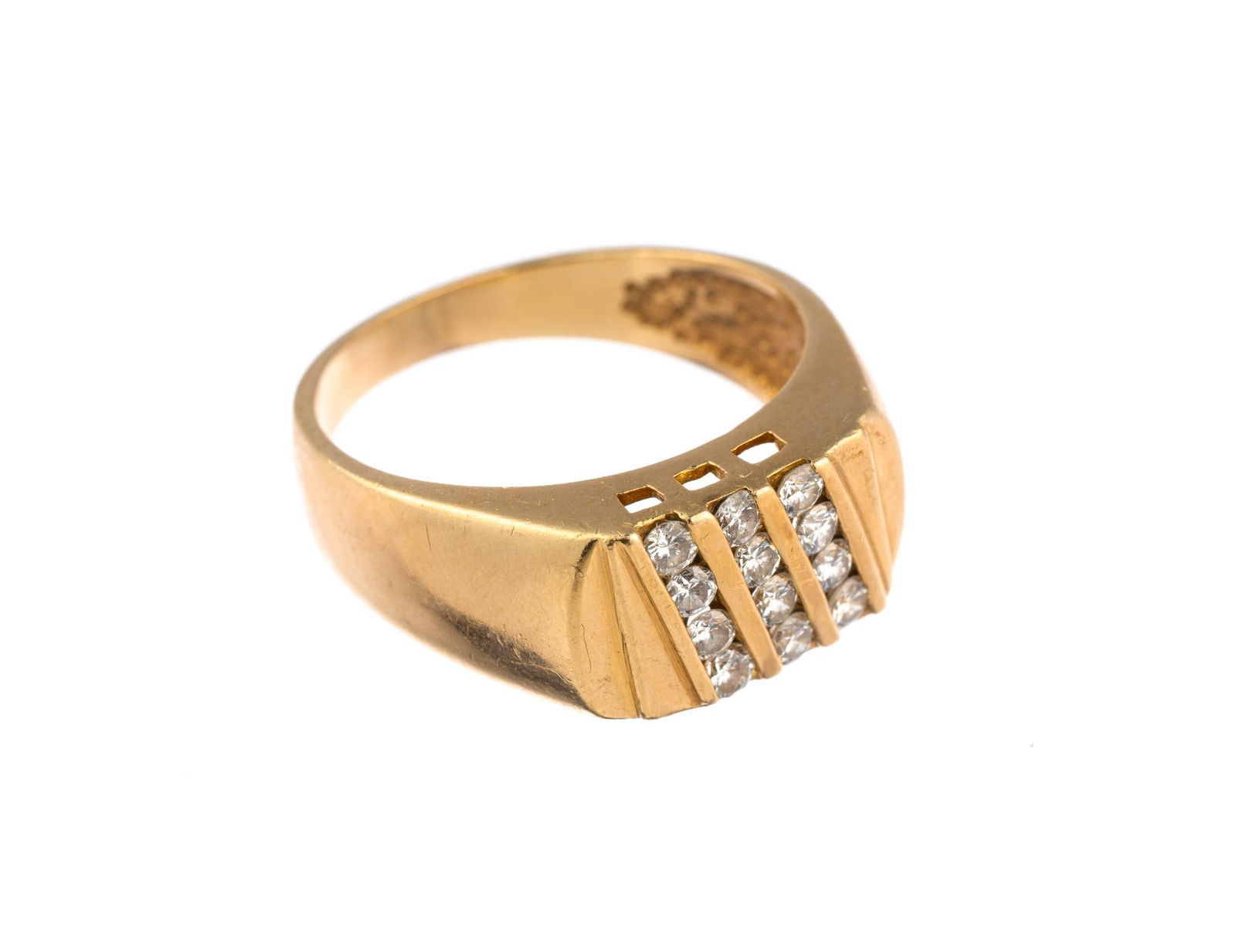 14K Gold Ring With Diamonds: A size 10.5 ring with channel set diamonds of .05 carats each,approximately 0.6 total carat weight of diamonds. The ring weighs 7.7 grams.
