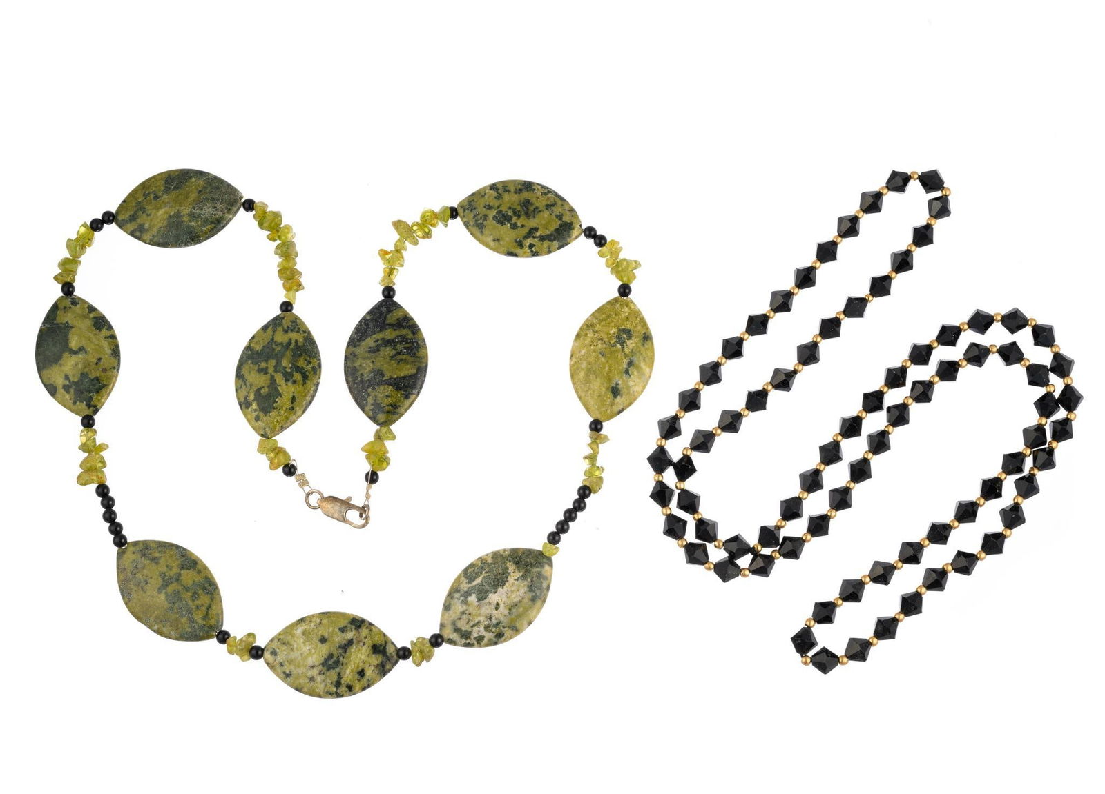 Two Stone Bead Necklaces One With Gold Beads: One onyx and 14k gold beads 32" length and one with moss agate and onyx beads 26" length.
