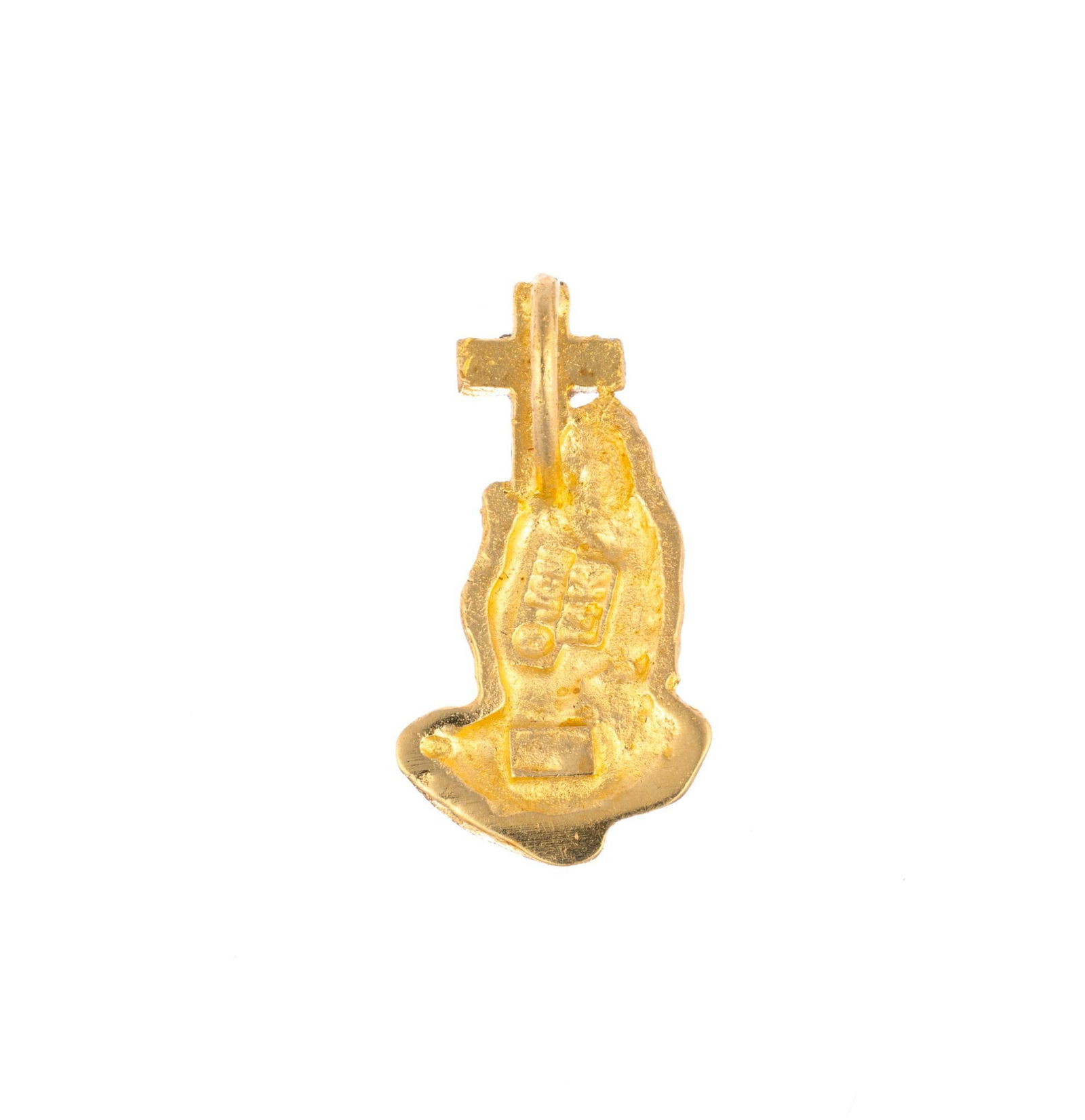 14K Gold Religious Pendant: A small "praying hands and cross" 14k yellow and white gold pendant. The weight is 0.7 grams.