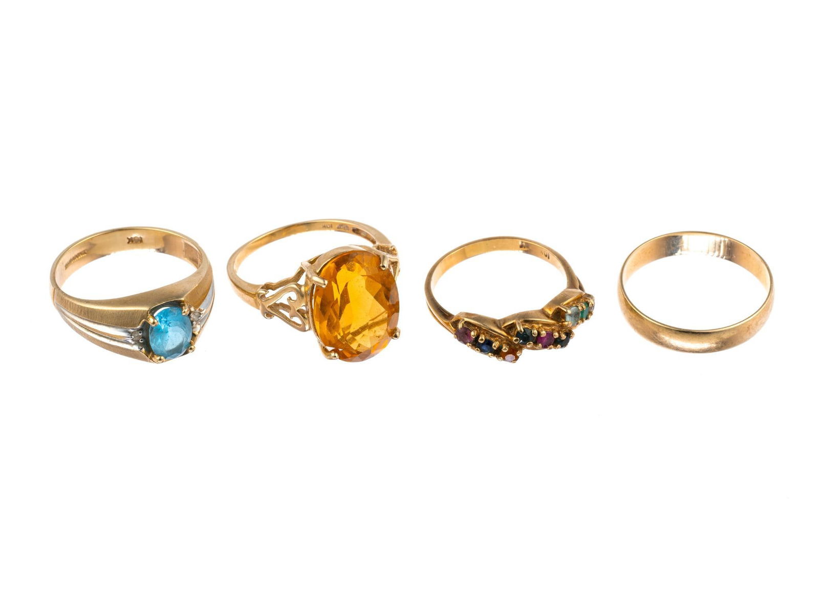 10K Gold Gemstone Rings and Band Ring: The rings are sized 9 to 10. The total weight is 14.5 grams.